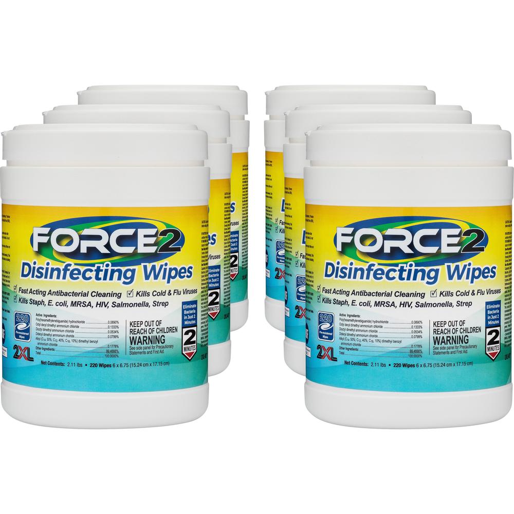 2XL FORCE2 Disinfecting Wipes - Wipe - 6" Width x 6.75" Length - 220 / Tub - 12 / Carton - White