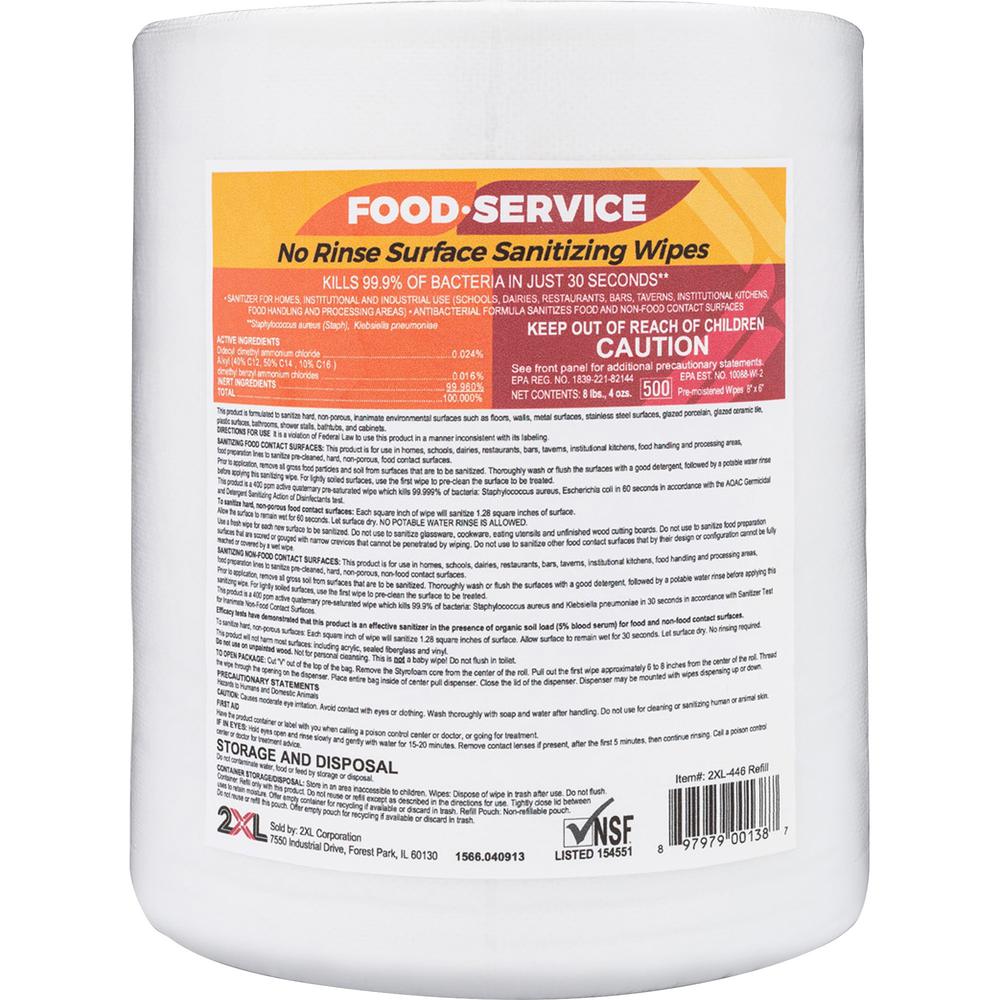 2XL No Rinse Foodservice Sanitizing Wipes - 6" x 8" - White - Alcohol-free, Phenol-free, Bleach-free, Ammonia-free, Non-toxic, N