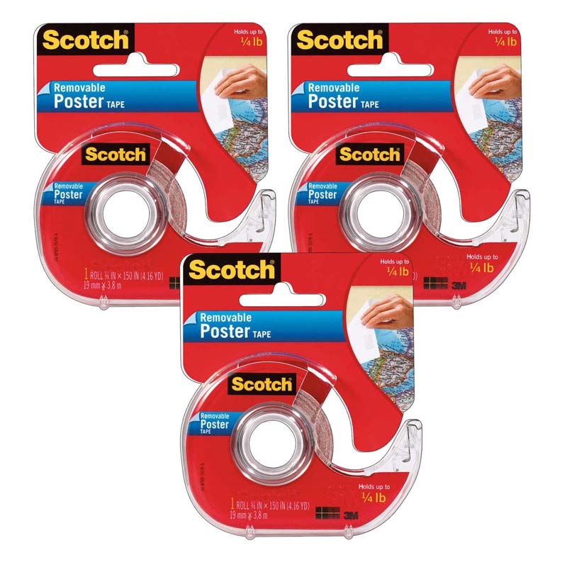 Removable Poster Tape with Dispenser, 3/4" x 150", Clear, Pack of 3