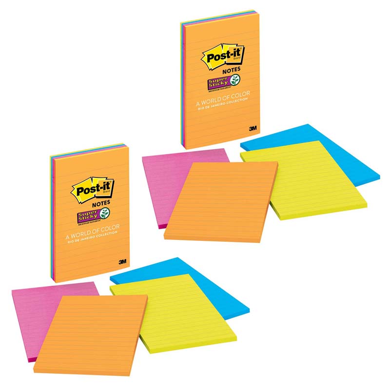 Super Sticky Notes, 4" x 6", Rio de Janeiro Collection, Lined, 4 Pads/Pack, 2 Packs
