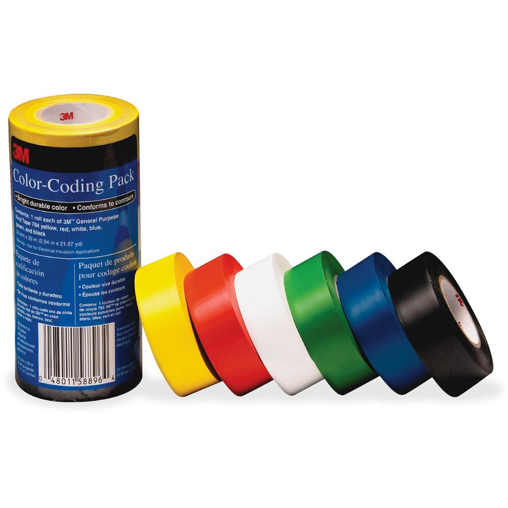 3M Vinyl Tape 764 Color-coding Pack - 21.87 yd Length x 0.94" Width - 5 mil Thickness - Rubber - 4 mil - Polyvinyl Chloride (PVC