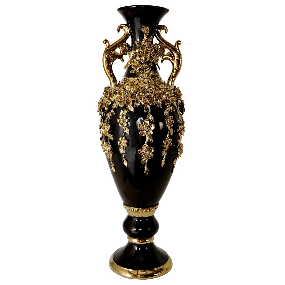Black and Gold Floret Jeweled Stunning Vase 35 Inches Tall
