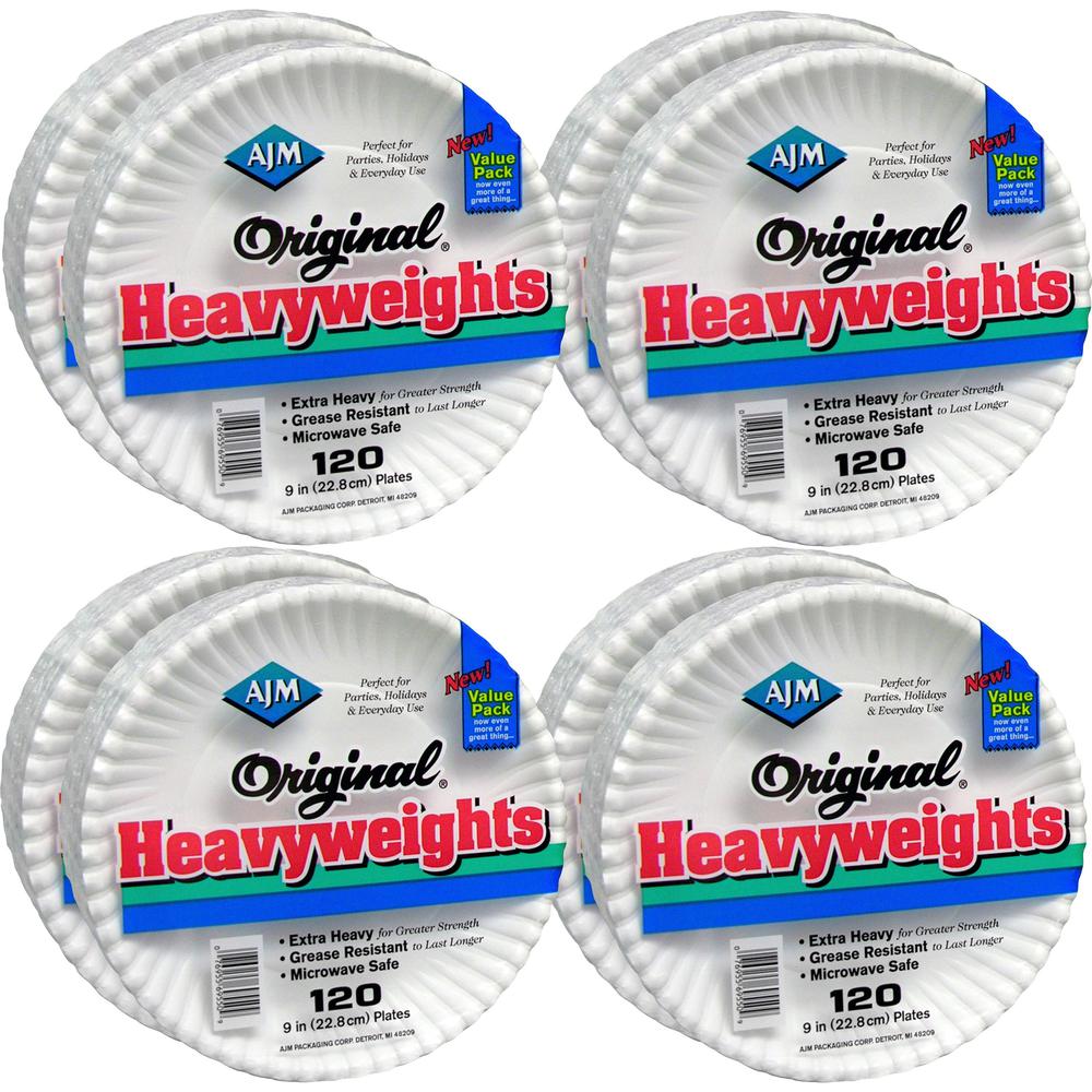 AJM Original Heavyweight Plates - Serving, Reheating - Disposable - Microwave Safe - White - Paper Body - 960 / Carton