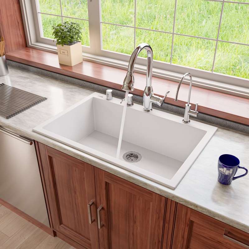 ALFI brand AB3322DI-W White 33" Single Bowl Drop In Granite Composite Kitchen Sink