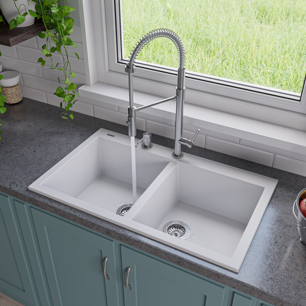 ALFI brand AB3420DI-W White 34" Drop-In Double Bowl Granite Composite Kitchen Sink
