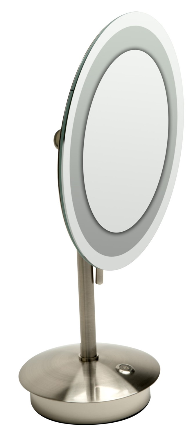 ALFI brandABM9FLED-BN Brushed Nickel Tabletop Round 9" 5x Magnifying Cosmetic Mirror with Light