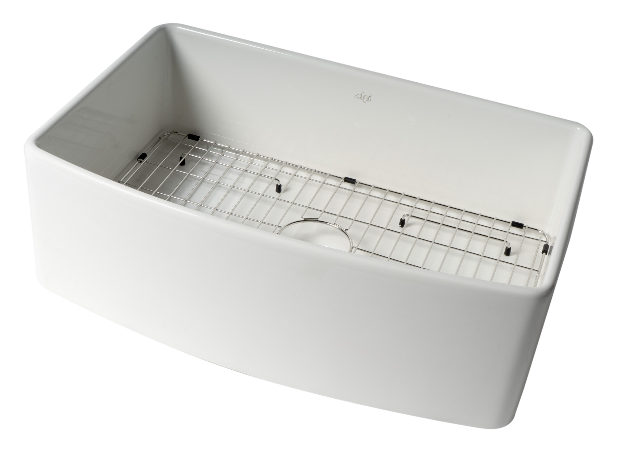 ALFI Brand ABFC3020-W White Smooth Curved Apron 30" x 20" Single Bowl Fireclay Farm Sink with Grid