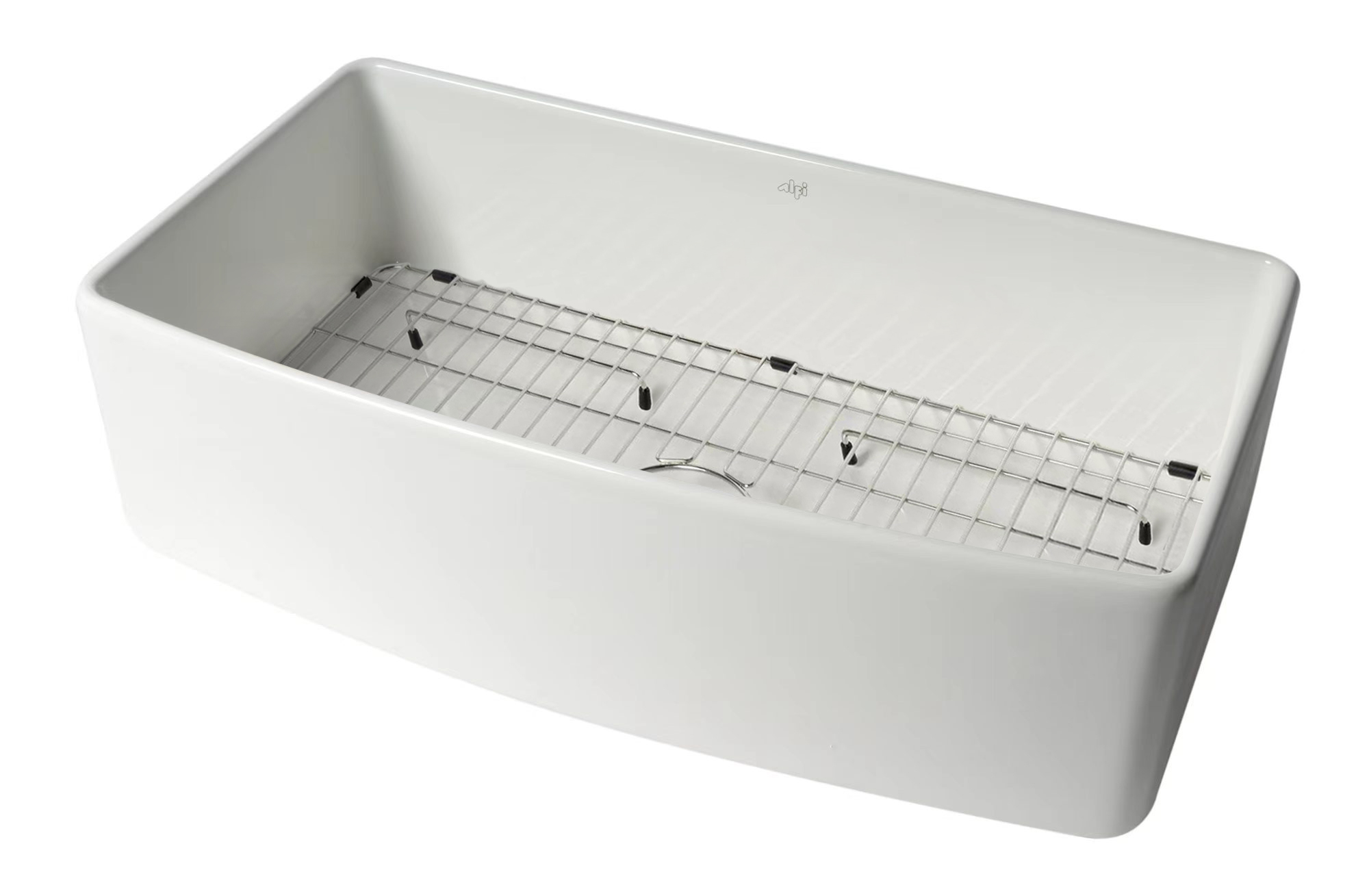 ALFI Brand ABFC3620S-W White Smooth Curved Apron 36" x 20" Single Bowl Fireclay Farm Sink with Grid