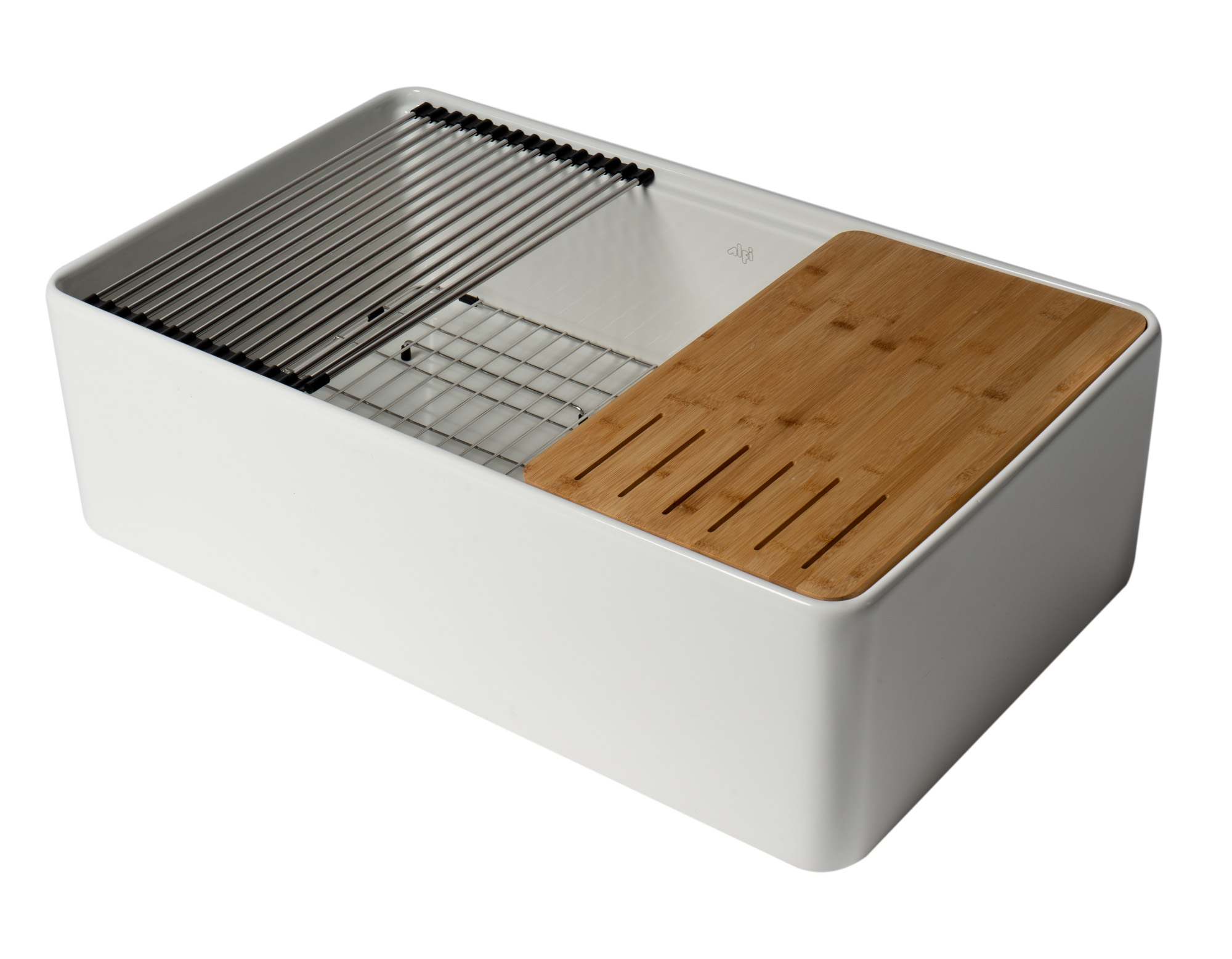 ALFI Brand ABFS3320S-W White Smooth Apron Workstation 33" x 20" Single Bowl Step Rim Fireclay Farm Sink with Accessories