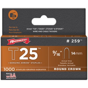 Arrow 259 T25 Round Crown Staples, 9/16"; 1,000 pk