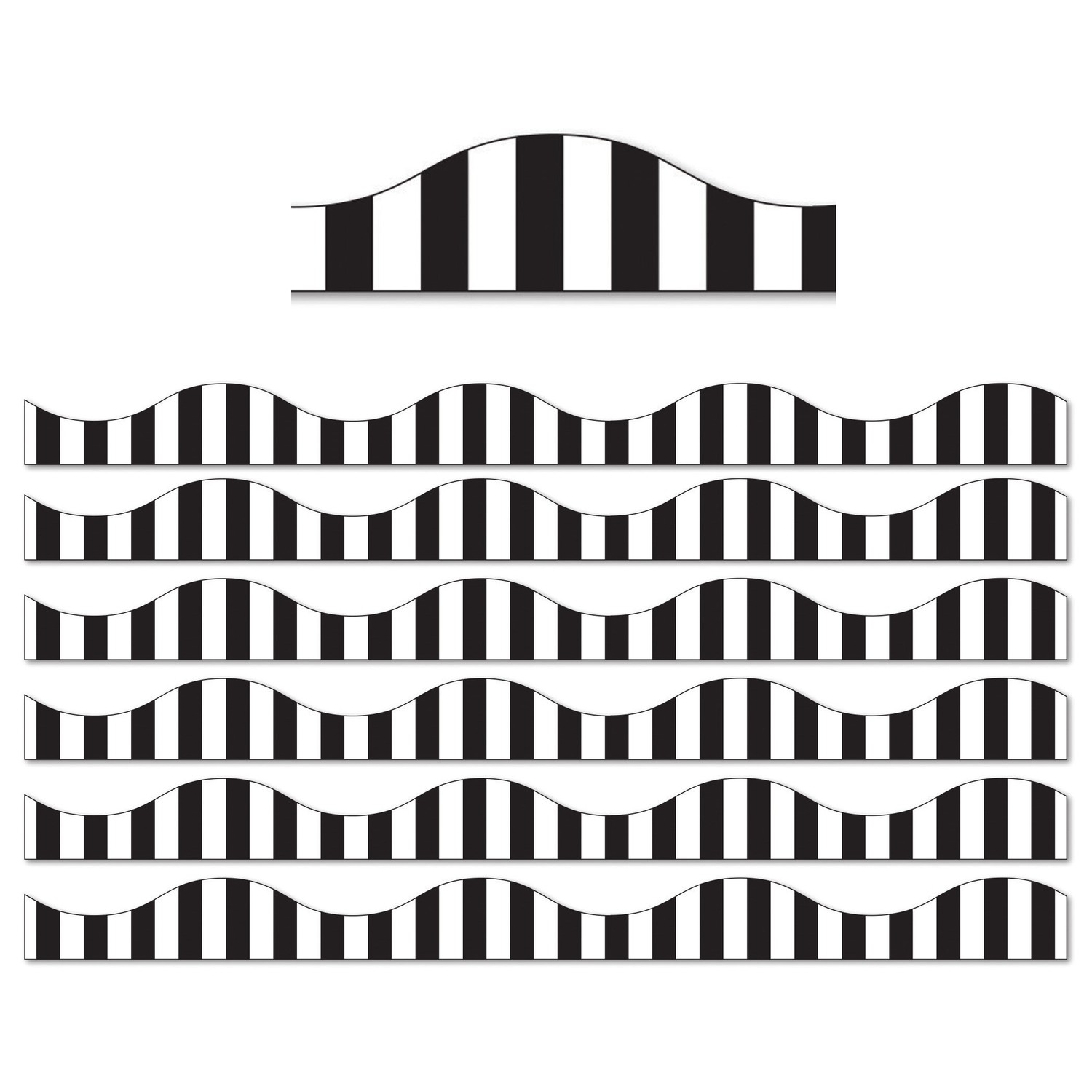 Magnetic Scallop Border, Black Vertical Stripes on White, 12 Feet Per Pack, 6 Packs