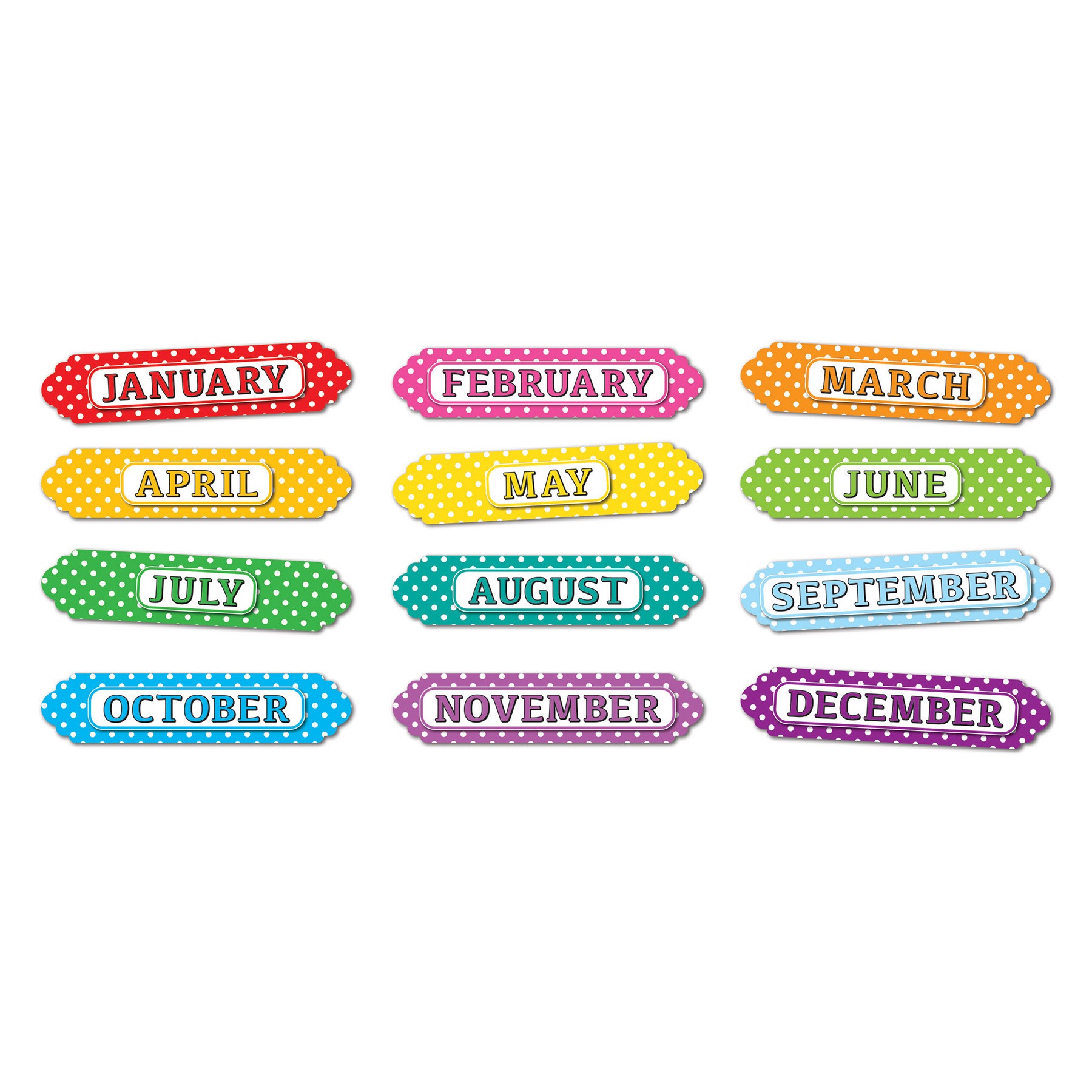Magnetic Die-Cut Timesavers & Labels, Months of the Year, White Polka Dots On Assorted Colors, 12 Pieces