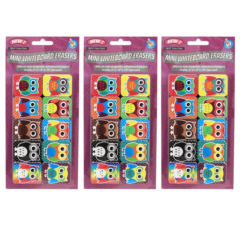Non-Magnetic Mini Whiteboard Erasers, Color Owls, 10 Per Pack, 3 Packs