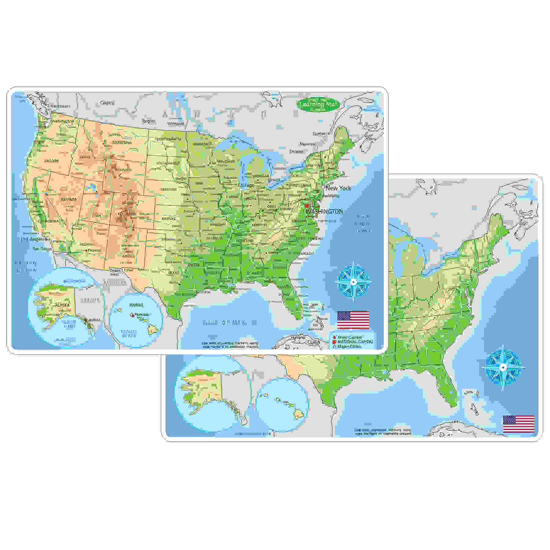 Smart Poly Learning Mat, 12" x 17", Double-Sided, U.S. Physical Map
