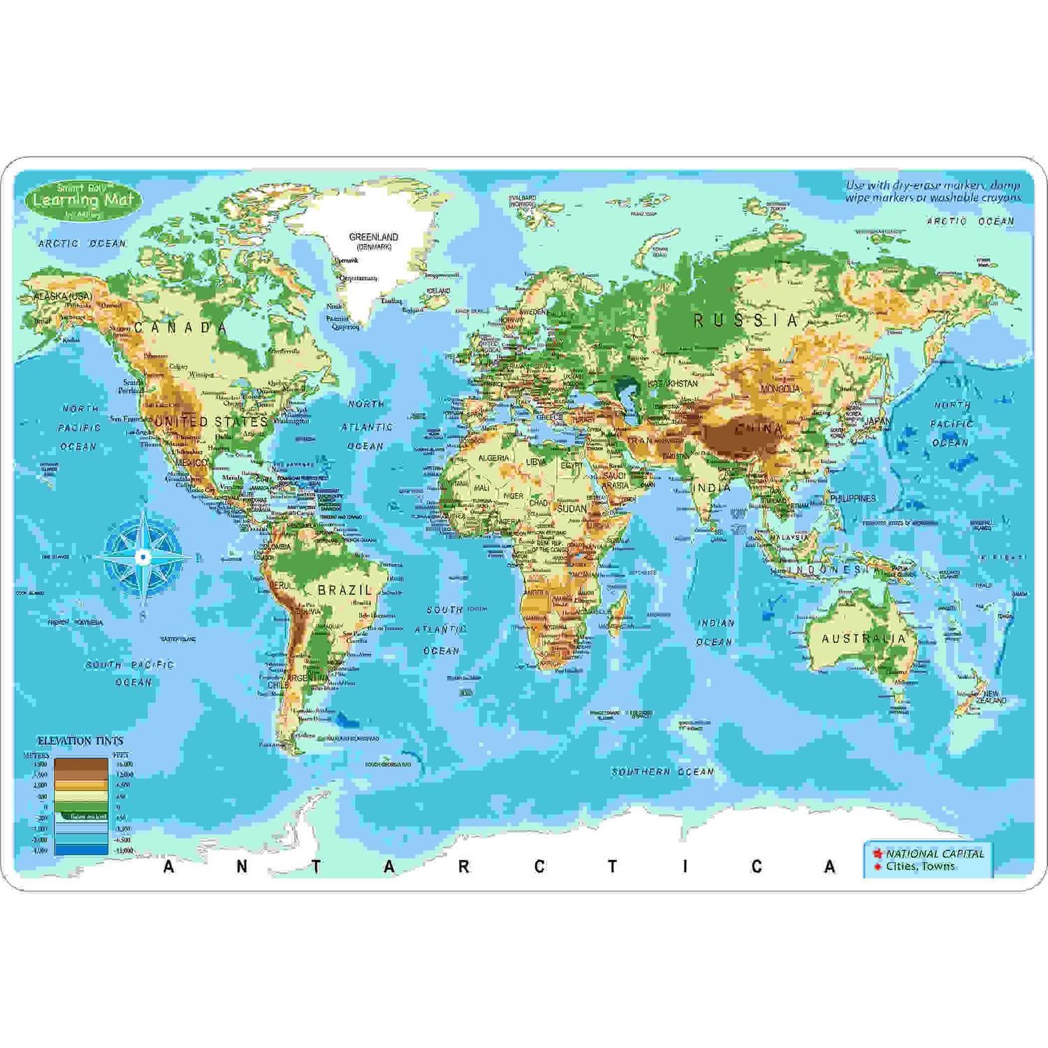 Smart Poly Learning Mat, 12" x 17", Double-Sided, World Physical Map