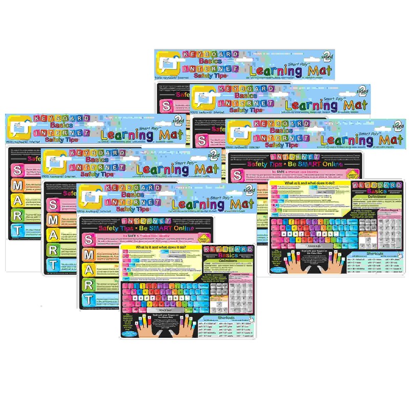 Smart Poly Learning Mat, 12" x 17", Double-Sided, Keyboard Basics & Internet Safety, Pack of 6