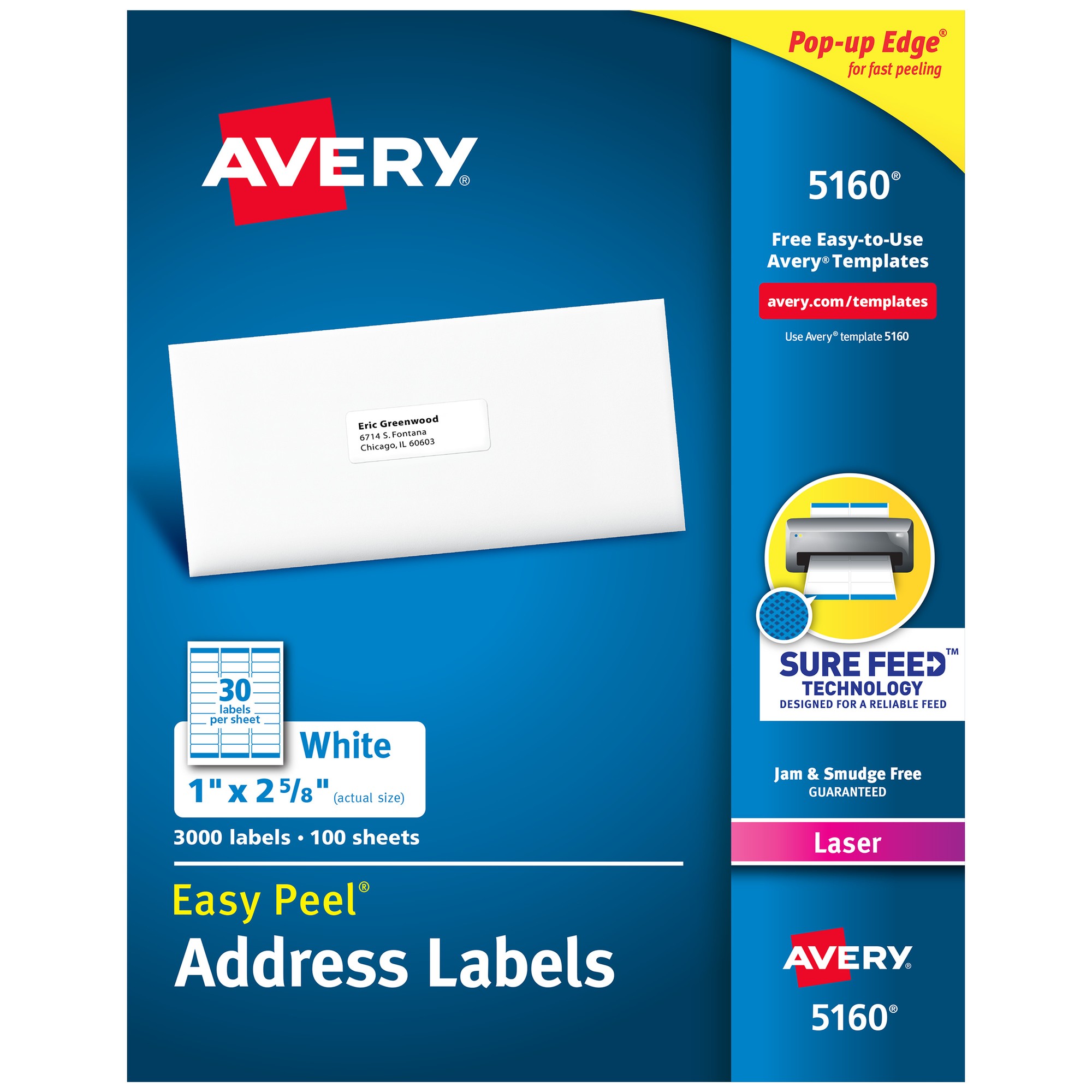 Easy Peel Address Labels, Permanent Adhesive, 1" x 2-5/8", 3000 Labels