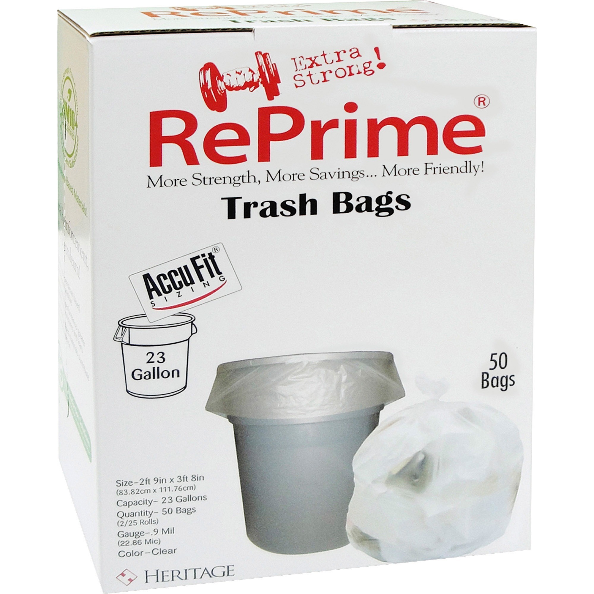Heritage Accufit RePrime Trash Bags - 23 gal Capacity - 28" Width x 45" Length - 0.90 mil (23 Micron) Thickness - Low Density - 