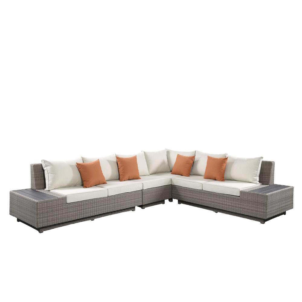 Salena Patio Sectional & Cocktail Table, Beige Fabric & Gray Wicker (1Set/3Ctn)
