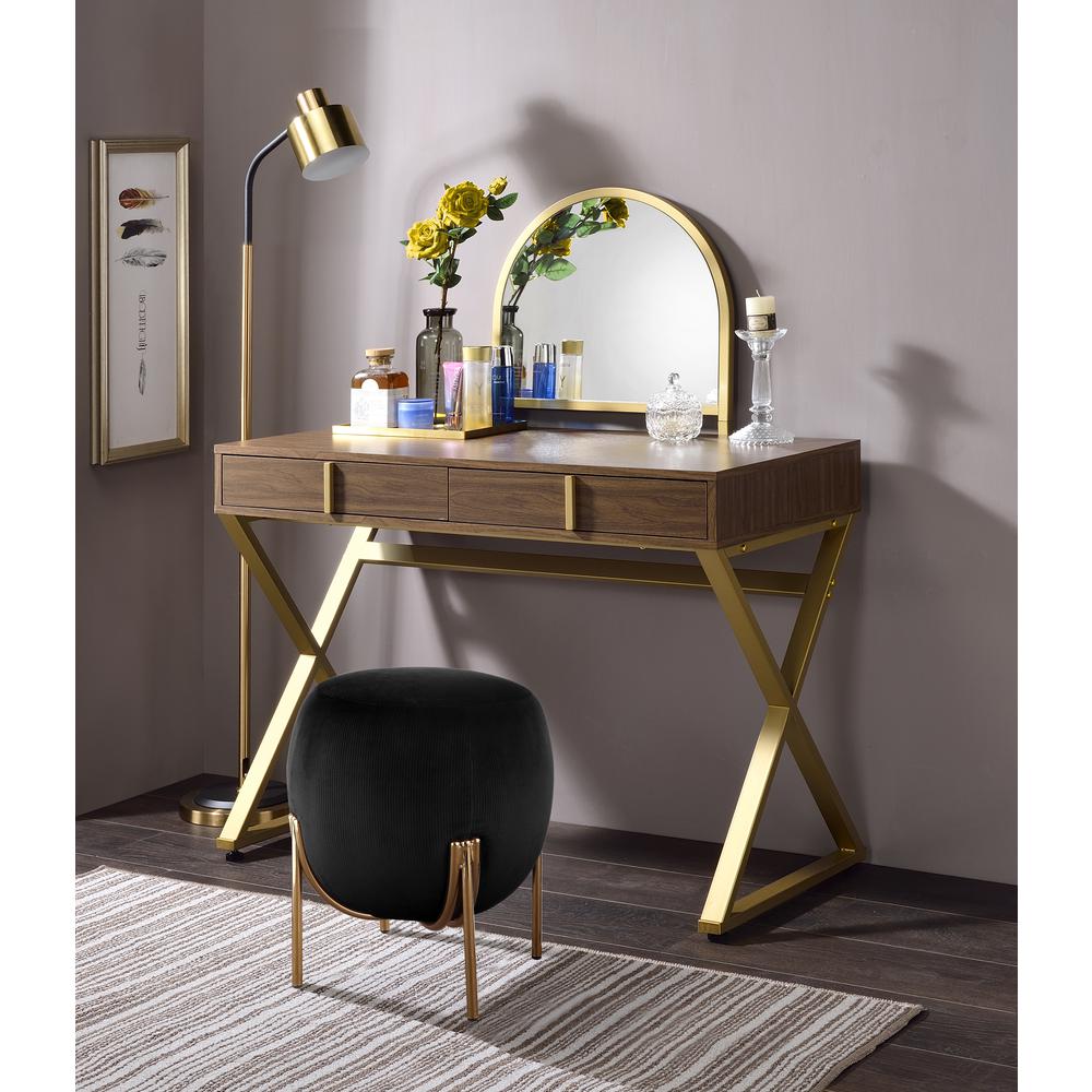 ACME Coleen Vanity Desk w/Mirror & Jewelry Tray, Walnut & Gold-Finish