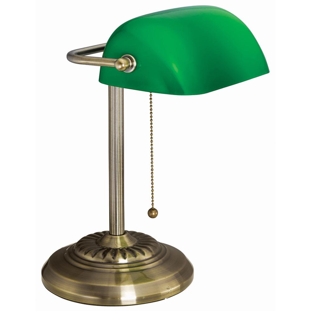 Victory Light Banker's Brass Desk Lamp - 10 W LED Bulb - Hanging Chain, Durable - Metal - Desk Mountable - Brass, Green - for De