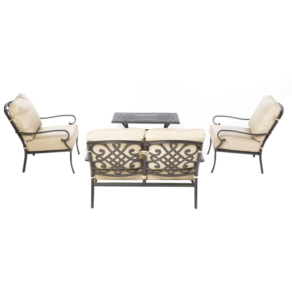 Newbury Cast Aluminum Deep Seating Set with Coffee Table, Loveseat with Cushions, and 2 Lounge Chairs with Cushions