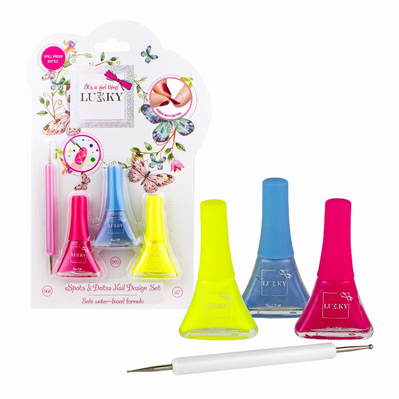 LUKKY Peel-off nail polish, set of 3 x 0.19 fl.oz. with a nail design tool to draw dots