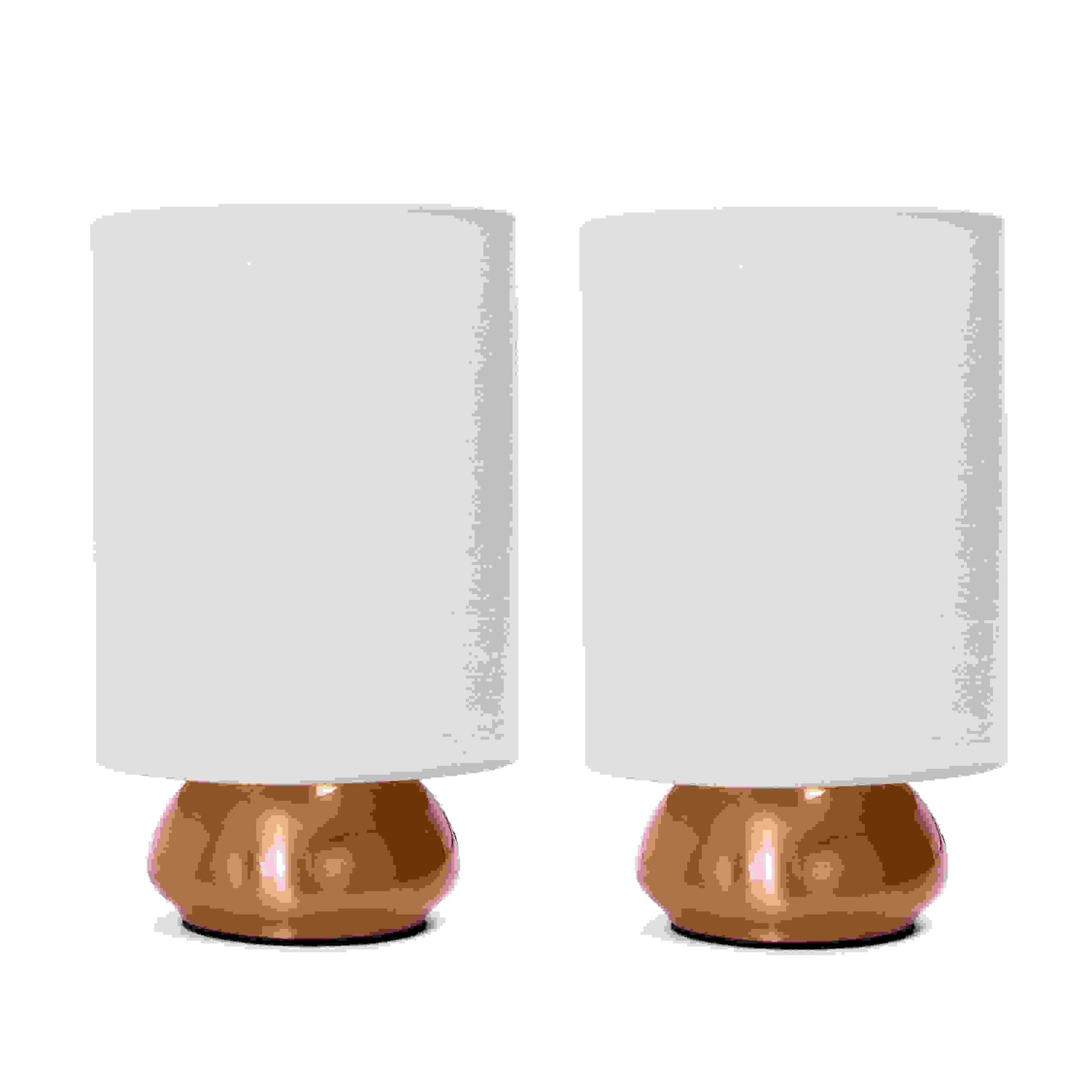Simple Designs Gemini 2 Pack Mini Touch Table Lamp Set with Fabric Shades, Rose Gold/Cream