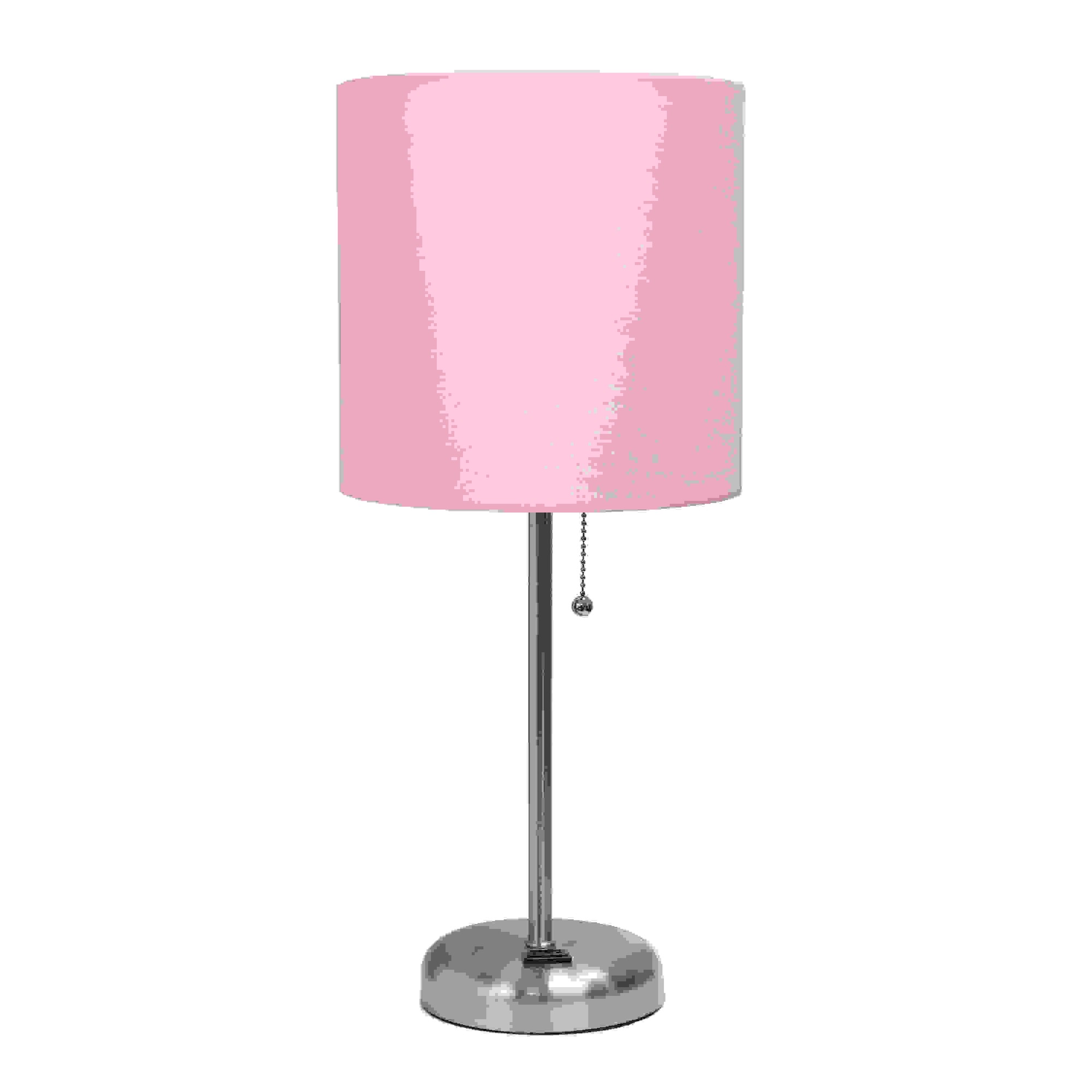 Simple Designs Stick Lamp with Charging Outlet and Fabric Shade, Light Pink