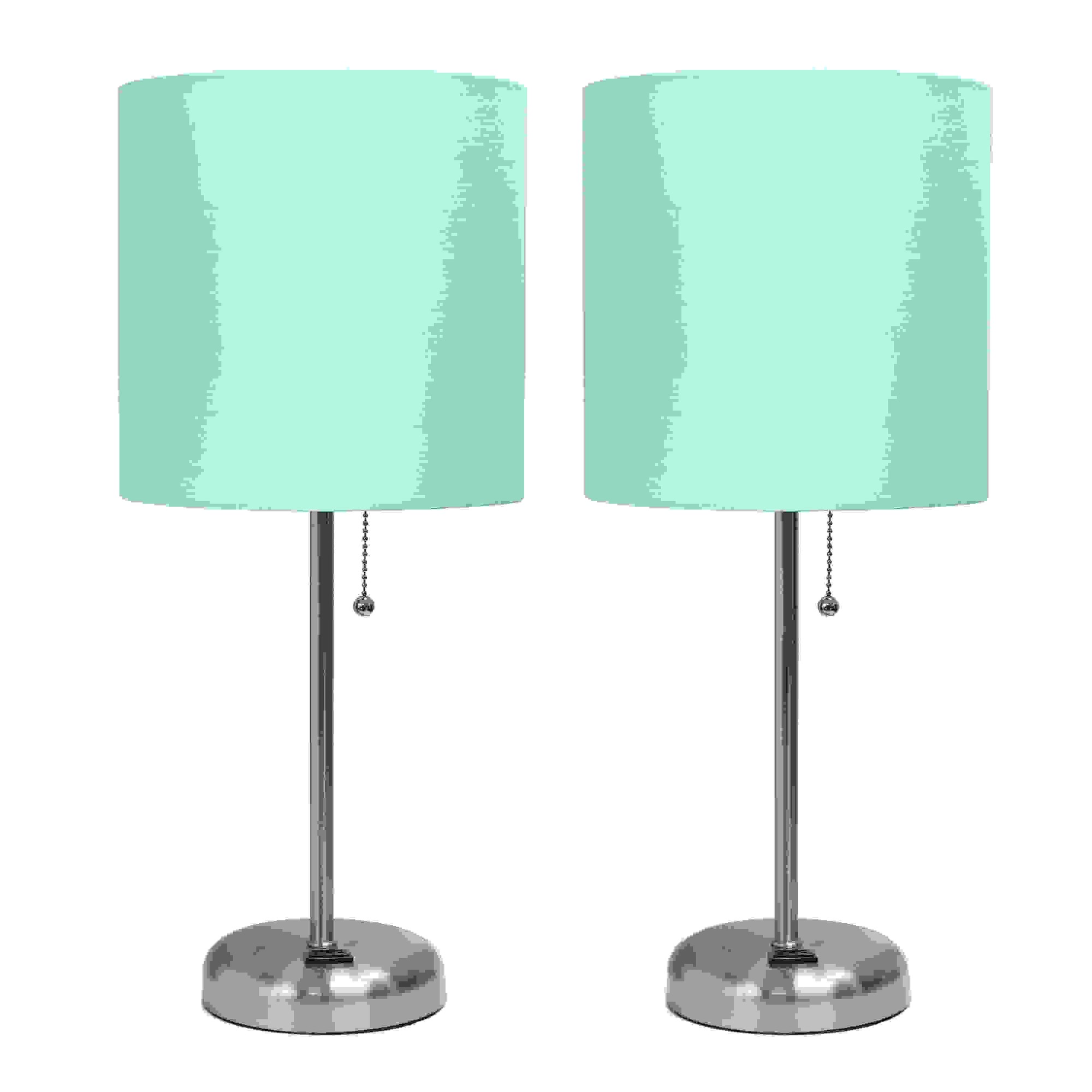 Simple Designs Brushed Steel Stick Lamp with Charging Outlet and Fabric Shade 2 Pack Set, Aqua