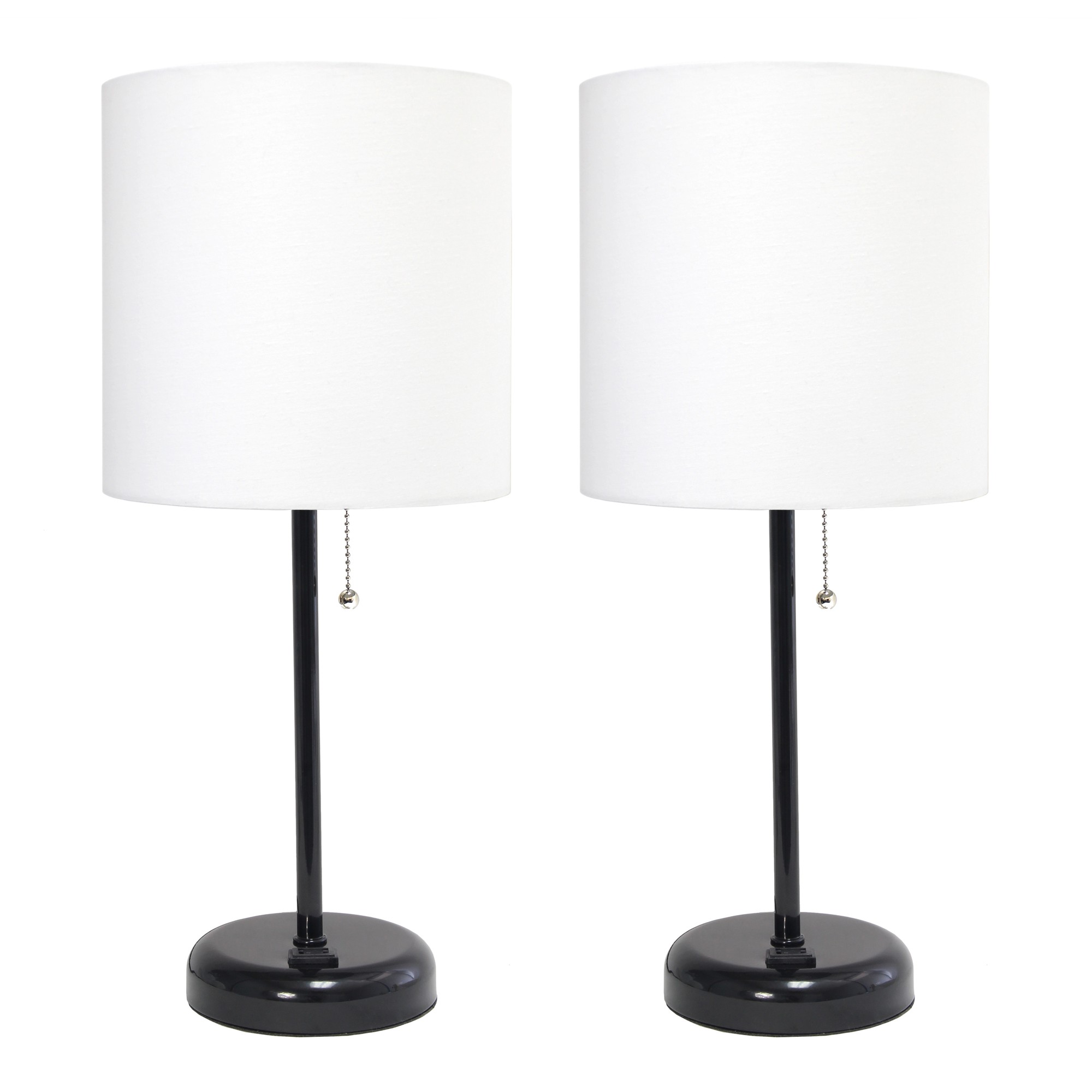 Simple Designs Black Stick Lamp with Charging Outlet and Fabric Shade 2 Pack Set, White