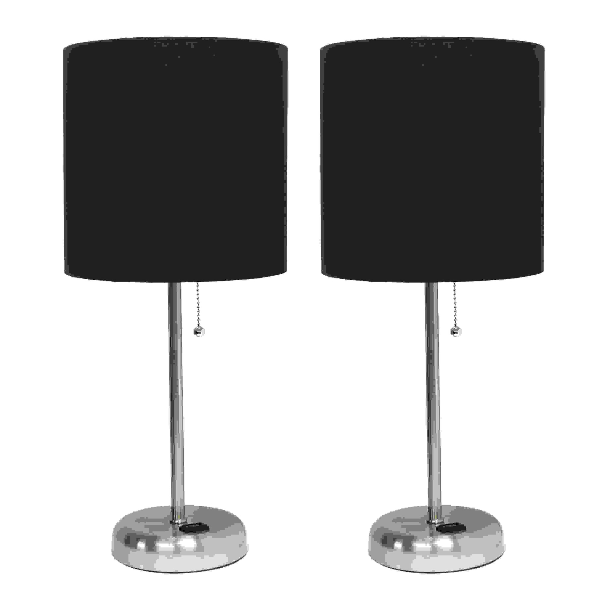 Simple Designs Brushed Steel Stick Lamp with Charging Outlet and Fabric Shade 2 Pack Set, Black