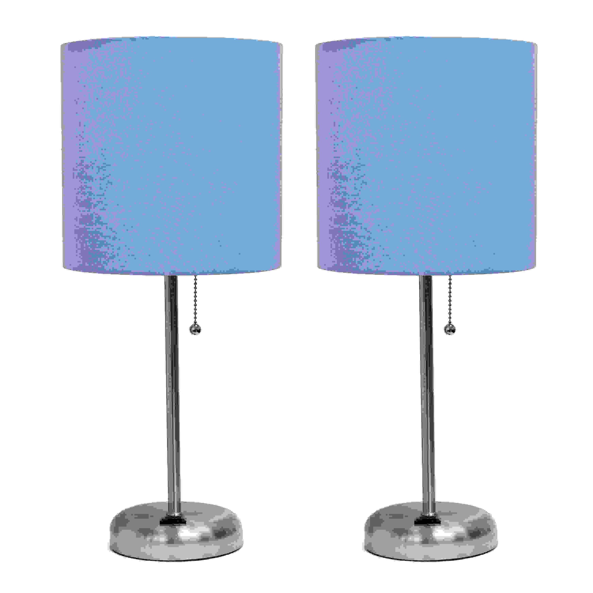 Simple Designs Brushed Steel Stick Lamp with Charging Outlet and Fabric Shade 2 Pack Set, Blue