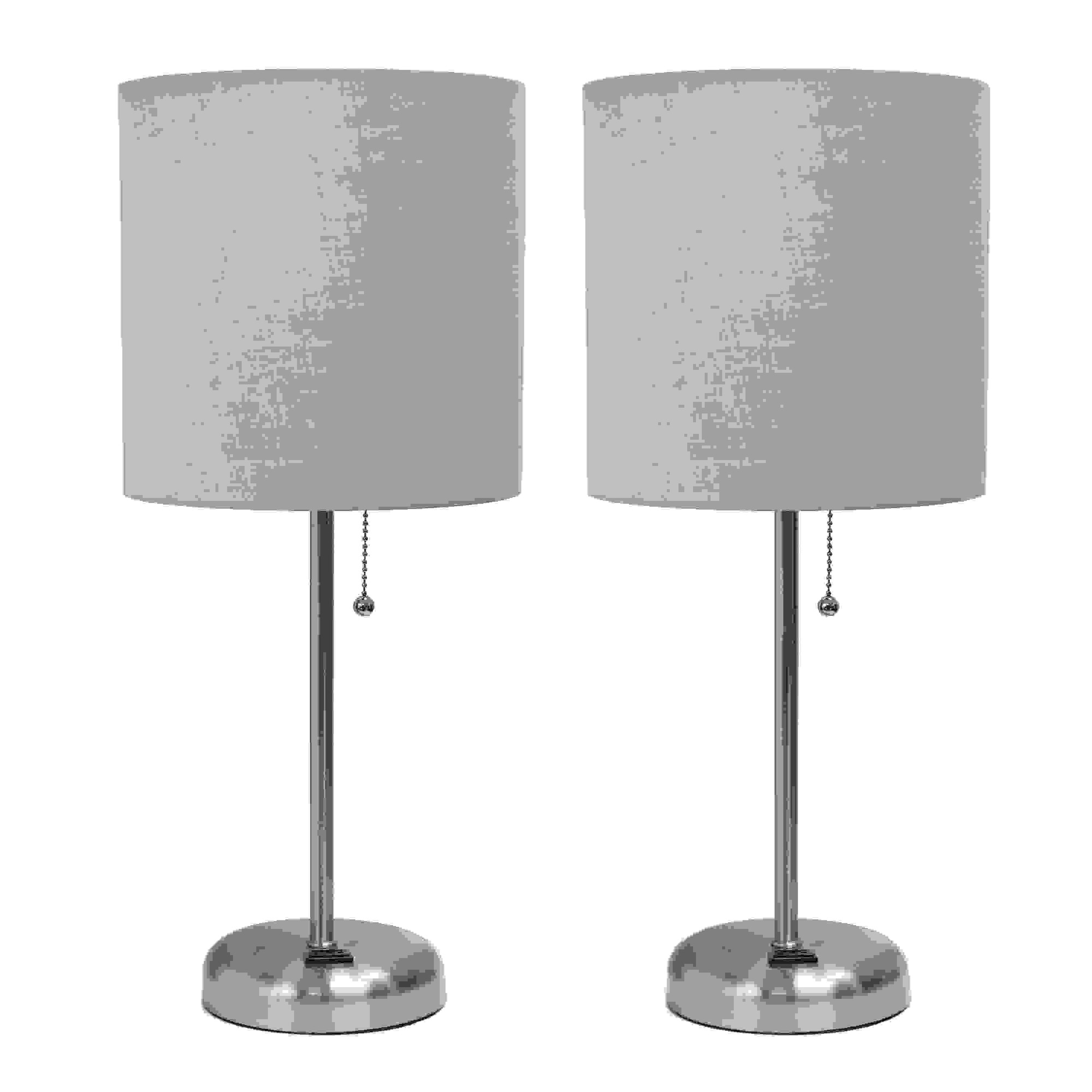 Simple Designs Brushed Steel Stick Lamp with Charging Outlet and Fabric Shade 2 Pack Set, Gray