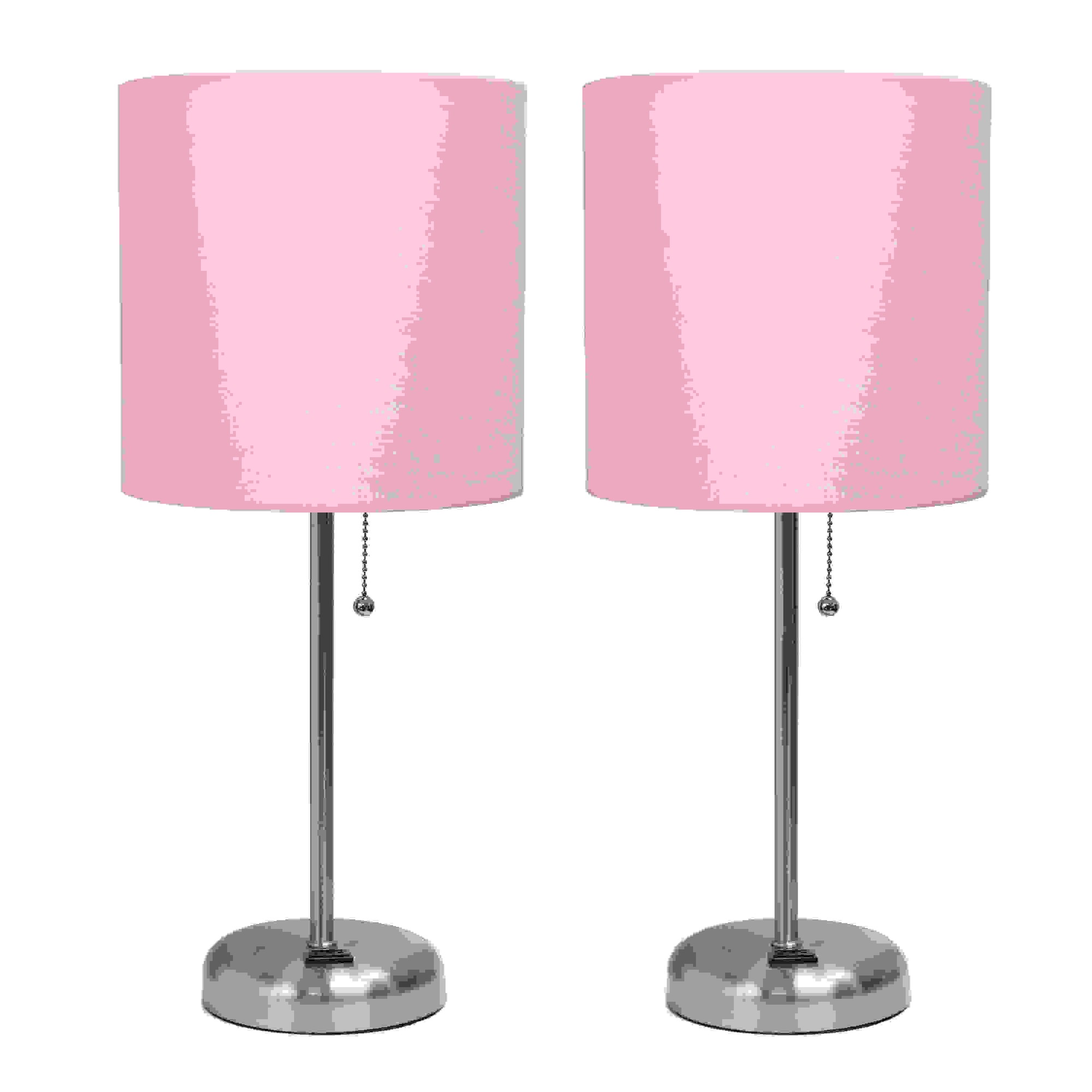 Simple Designs Brushed Steel Stick Lamp with Charging Outlet and Fabric Shade 2 Pack Set, Pink