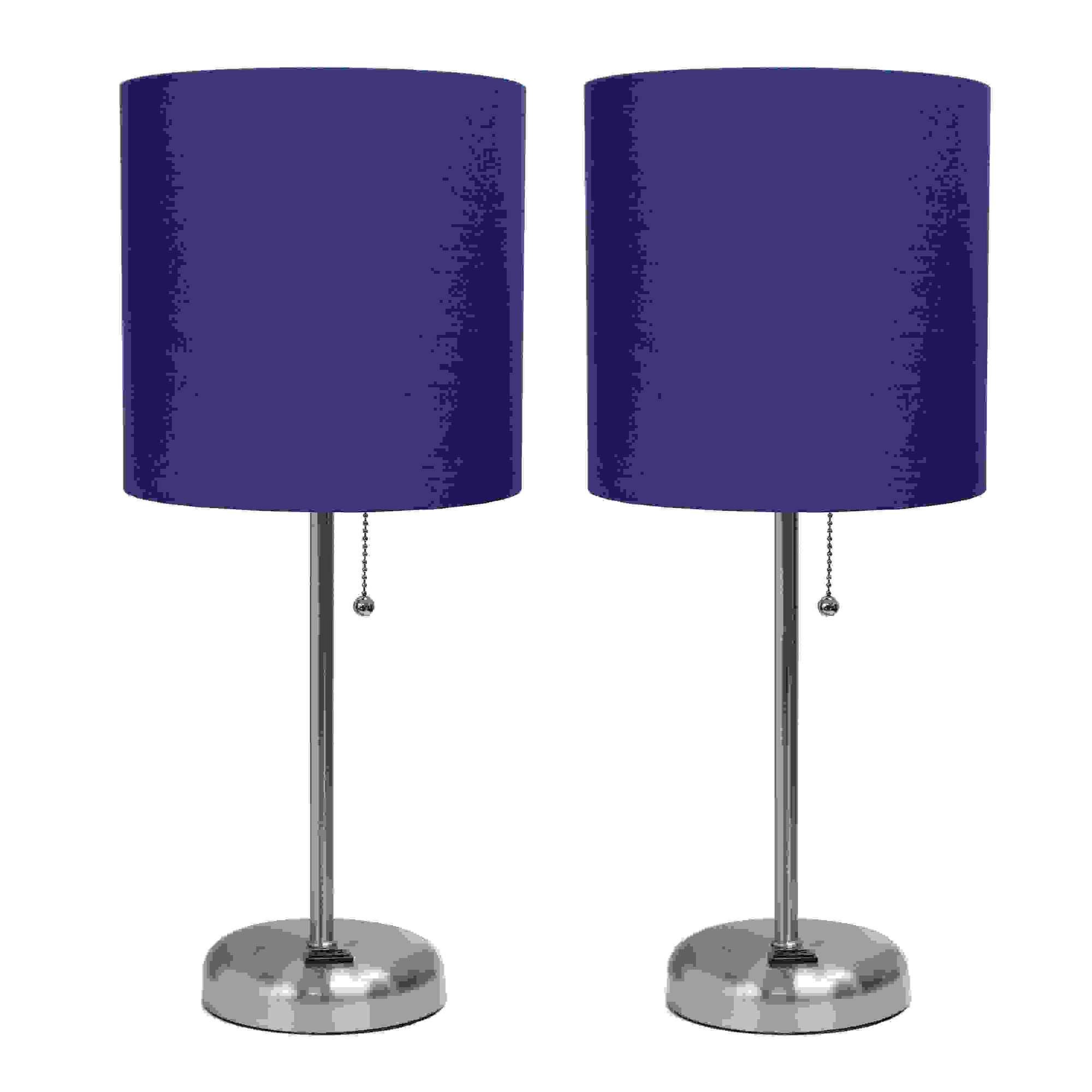 Simple Designs Brushed Steel Stick Lamp with Charging Outlet and Fabric Shade 2 Pack Set, Navy