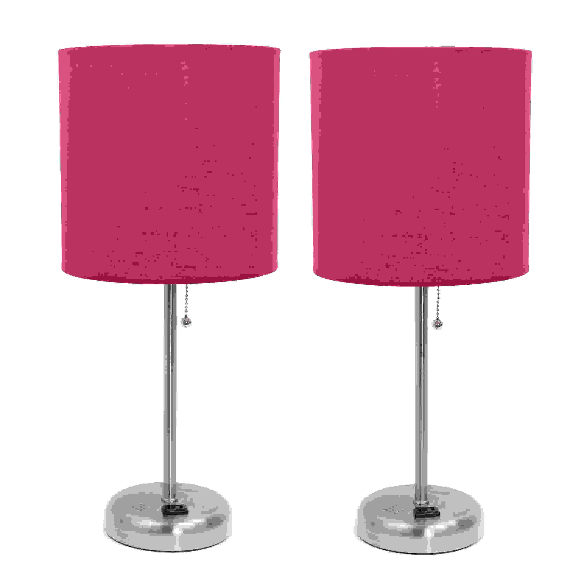 Simple Designs Brushed Steel Stick Lamp with Charging Outlet and Fabric Shade 2 Pack Set, Pink