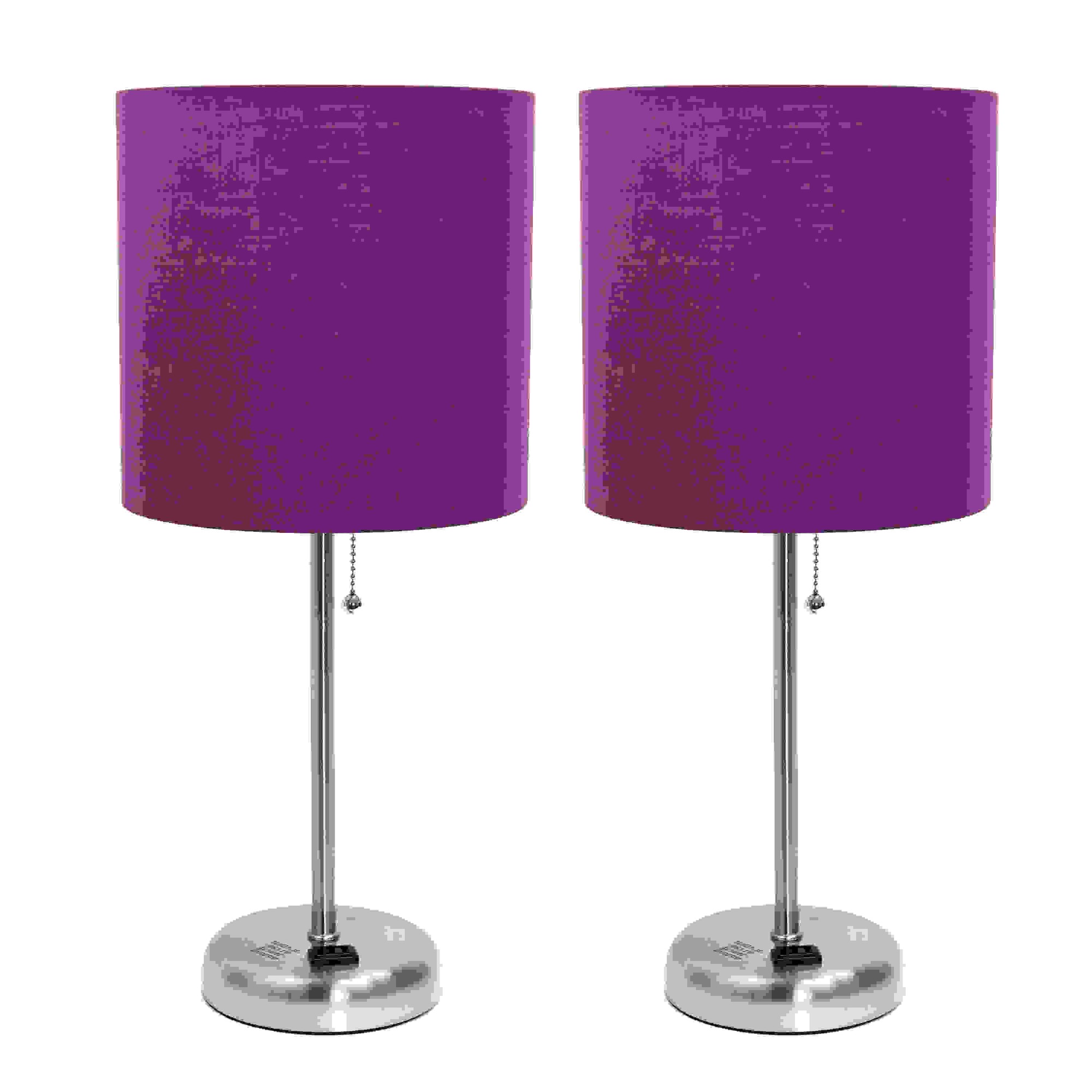 Simple Designs Brushed Steel Stick Lamp with Charging Outlet and Fabric Shade 2 Pack Set, Purple