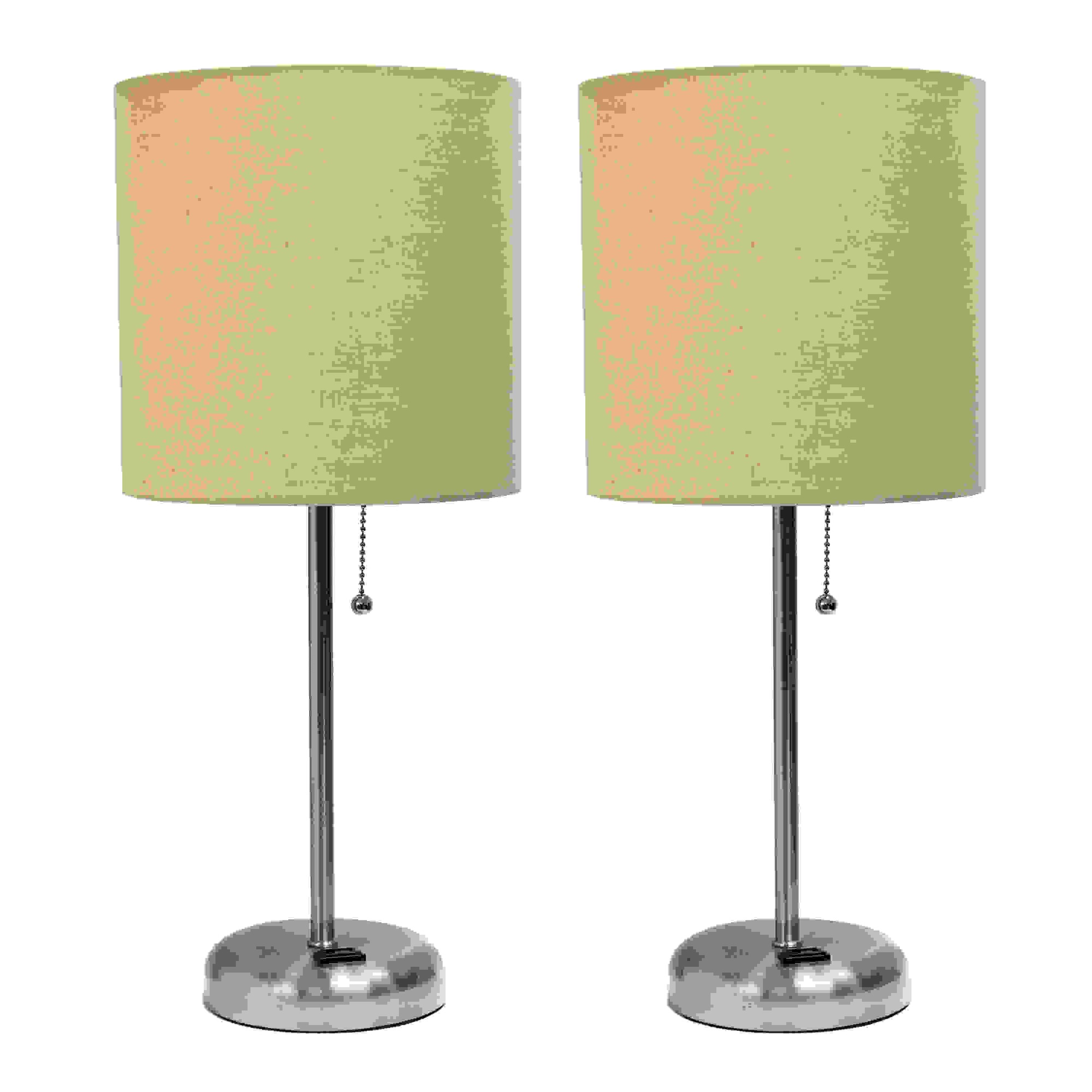 Simple Designs Brushed Steel Stick Lamp with Charging Outlet and Fabric Shade 2 Pack Set, Tan