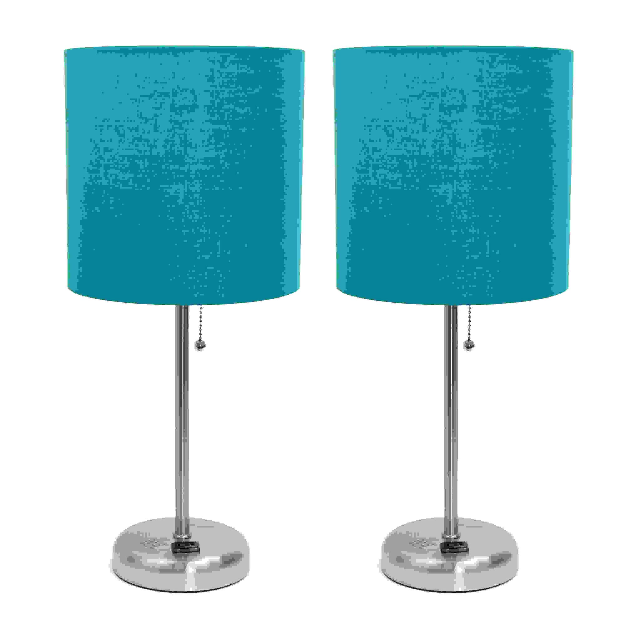 Simple Designs Brushed Steel Stick Lamp with Charging Outlet and Fabric Shade 2 Pack Set, Teal