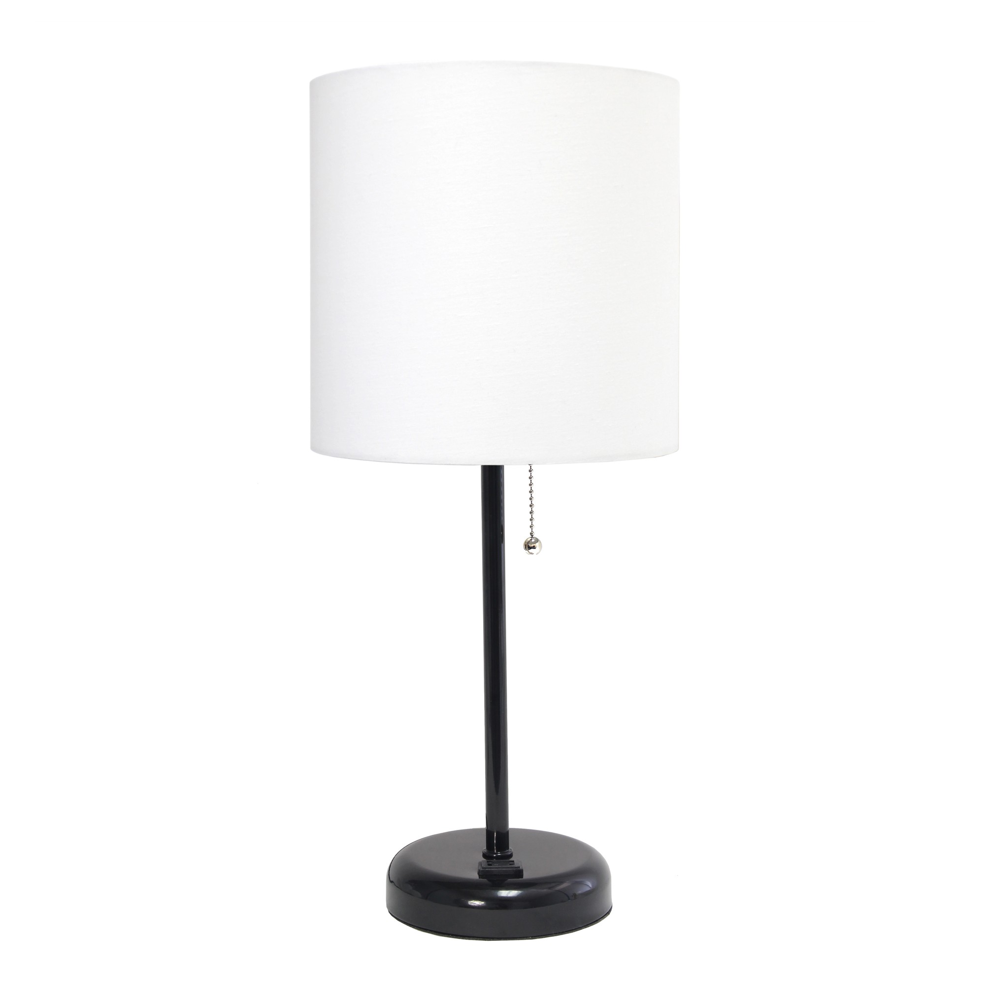 Simple Designs Black Stick Lamp with Charging Outlet and Fabric Shade, White