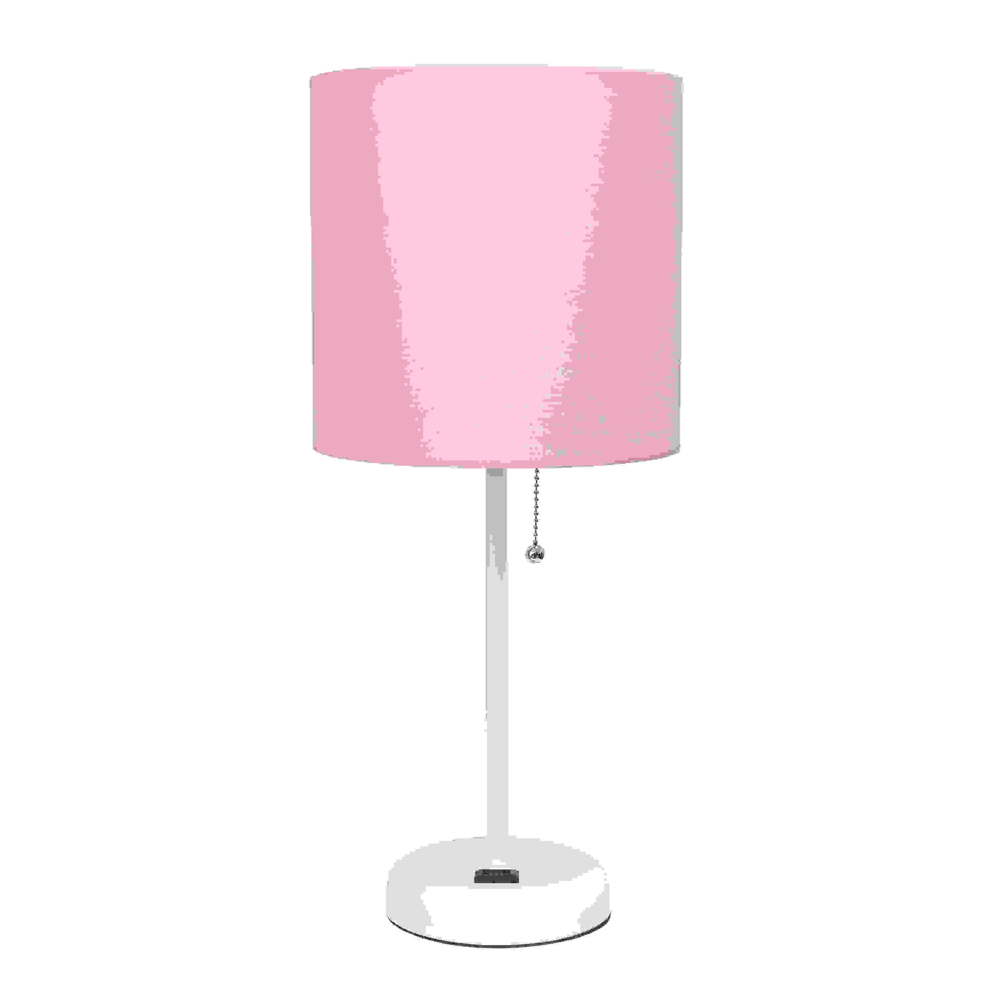 Simple Designs White Stick Lamp with Charging Outlet and Fabric Shade, Pink