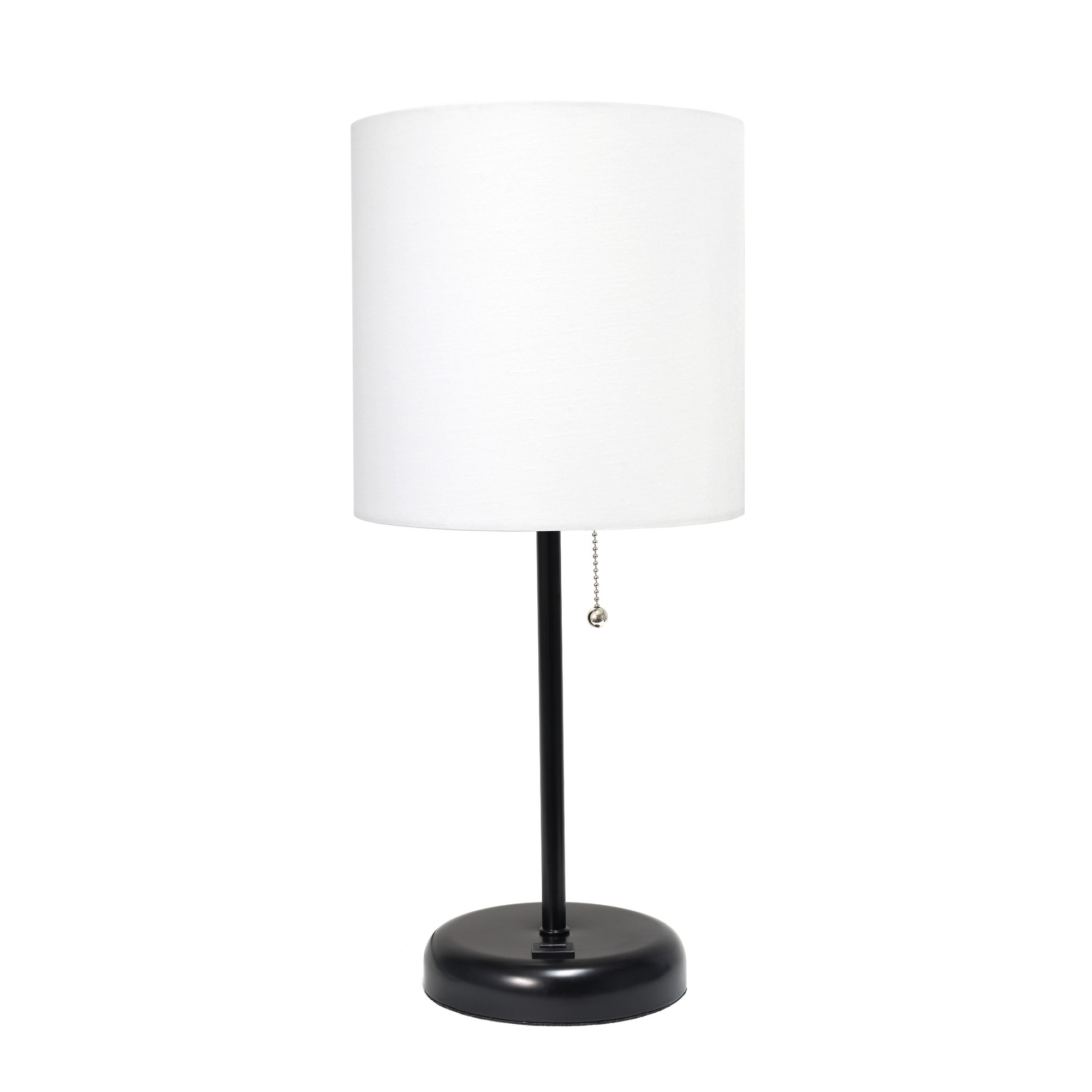 Simple Designs Black Stick Lamp with USB charging port and Fabric Shade, White