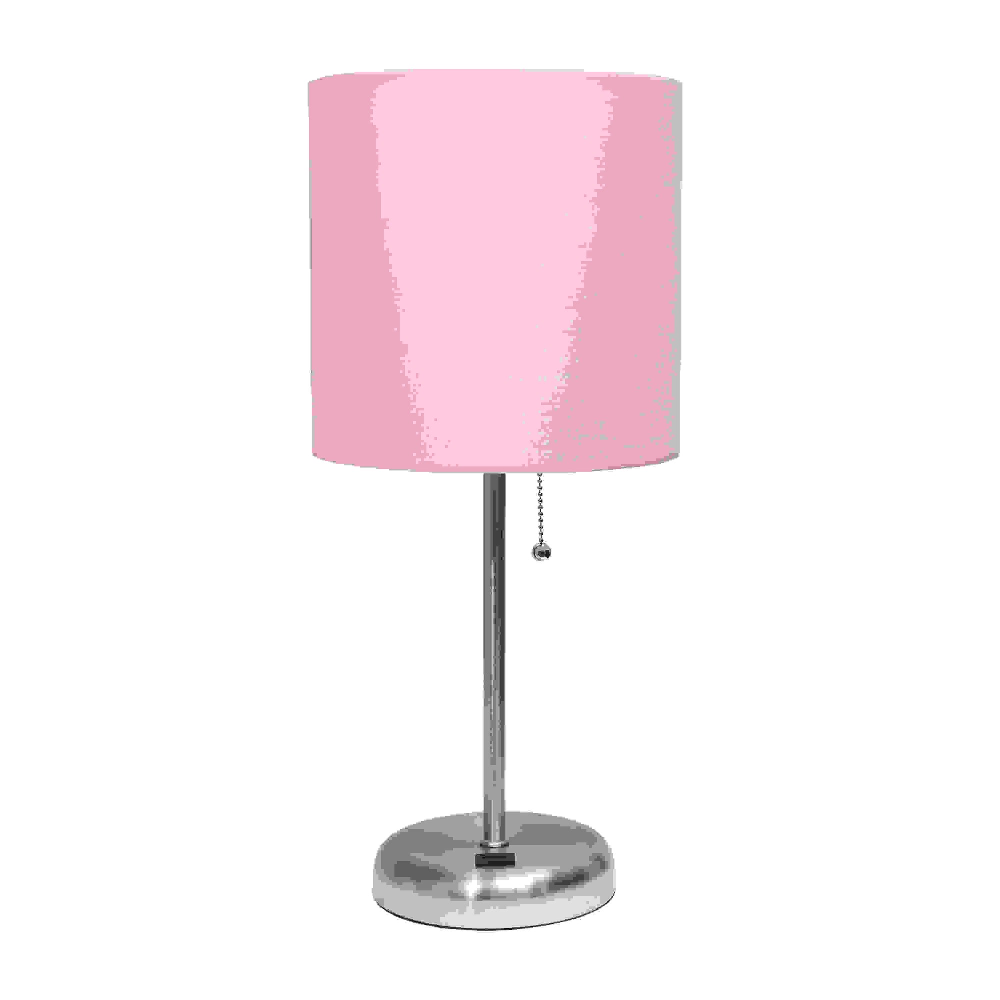 Simple Designs Stick Lamp with USB charging port and Fabric Shade, Light Pink