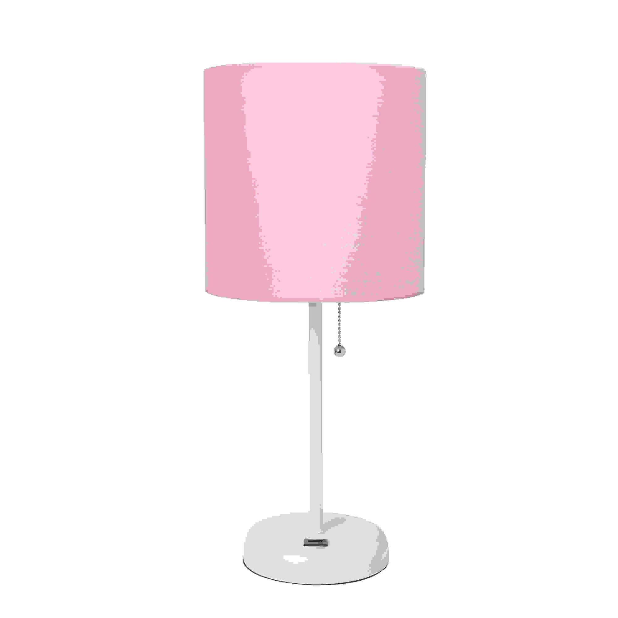 Simple Designs White Stick Lamp with USB charging port and Fabric Shade, Light Pink