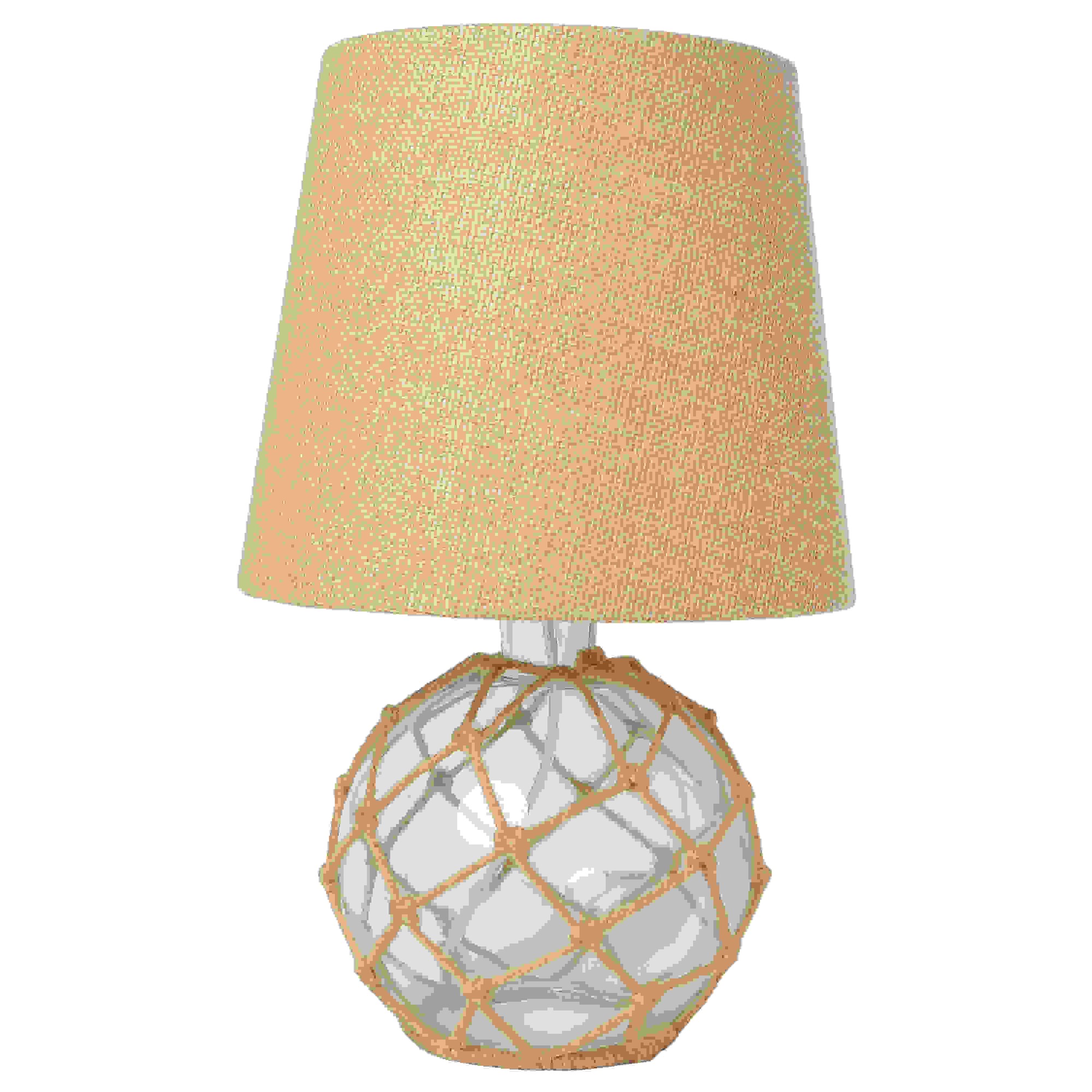 Elegant Designs Buoy Rope Nautical Netted Coastal Ocean Sea Glass Table Lamp with Burlap Fabric Shade, Clear