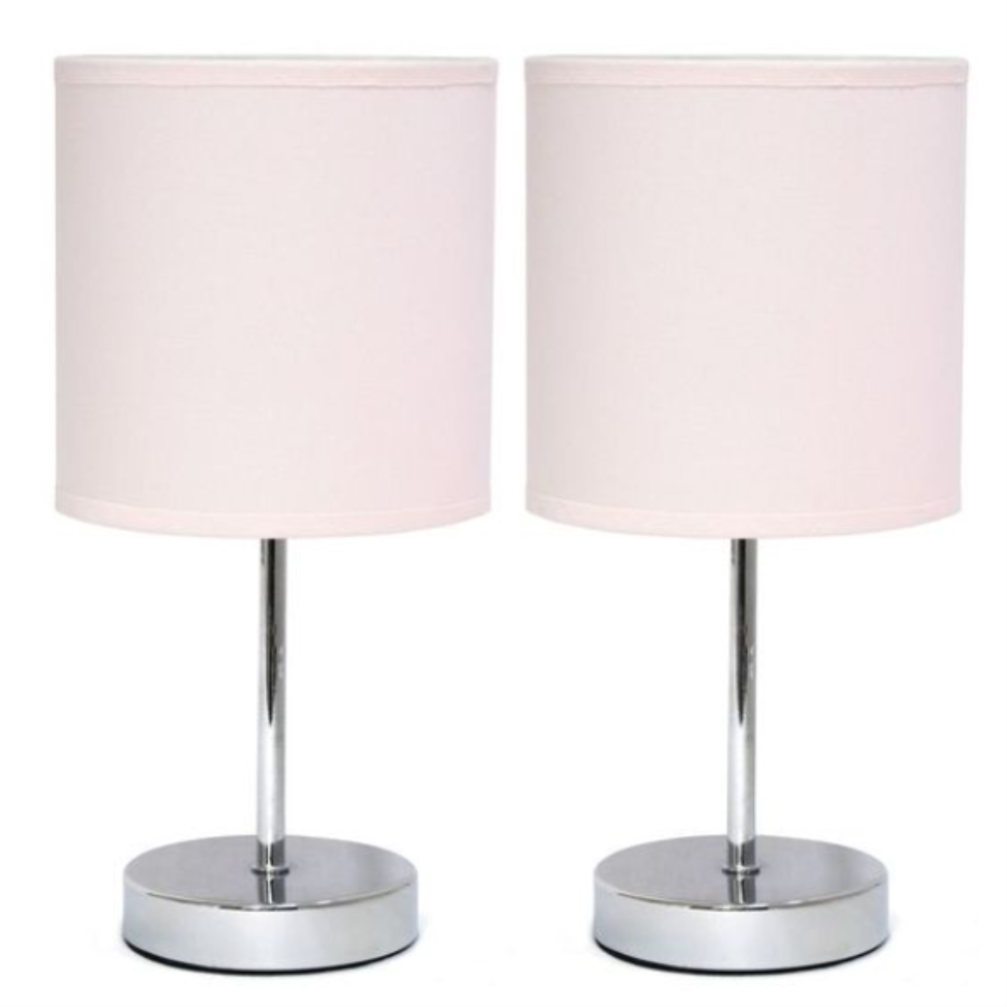 Simple Designs Chrome Mini Basic Table Lamp with Fabric Shade 2 Pack Set, Blush Pink