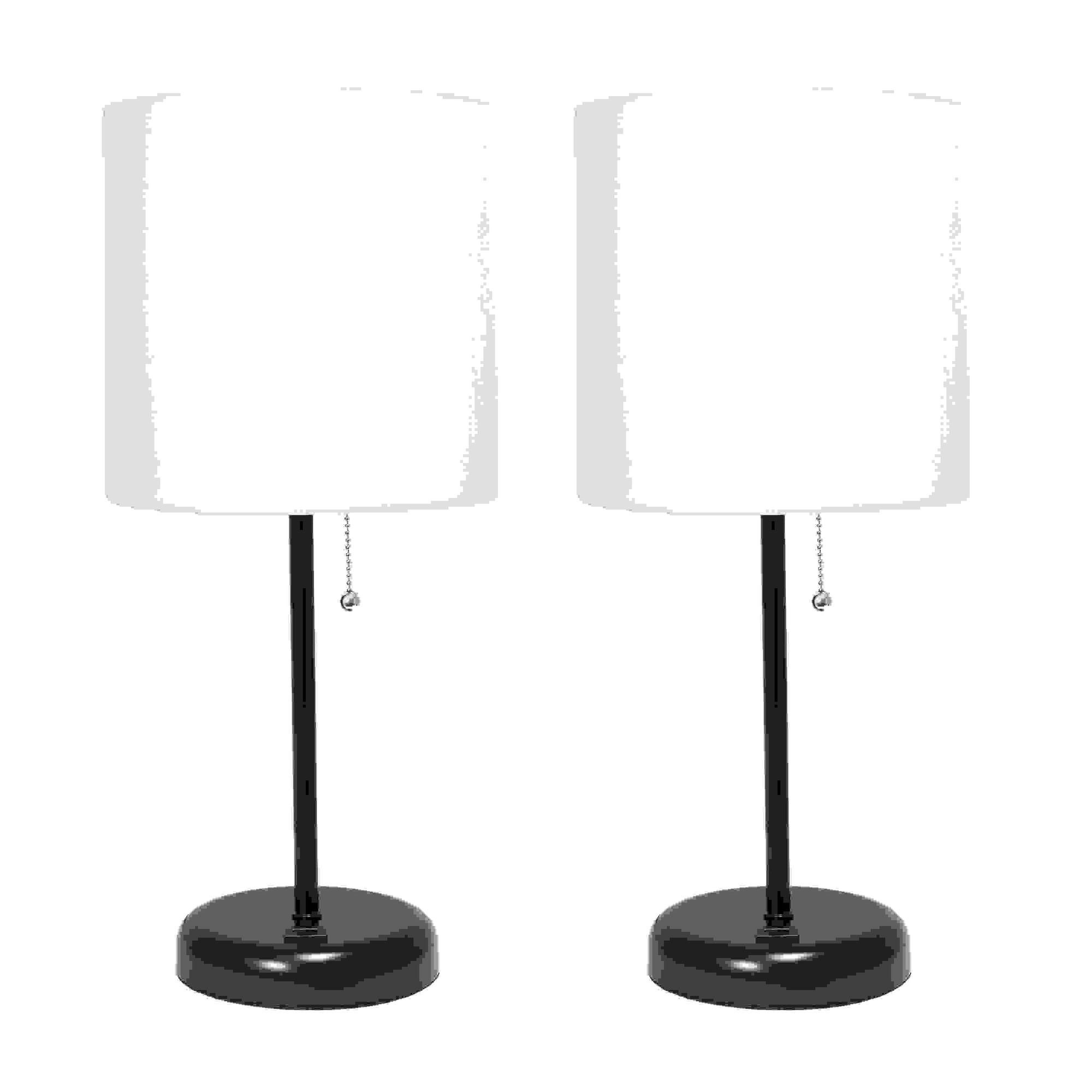 Simple Designs Black Stick Lamp with USB charging port and Fabric Shade 2 Pack Set, White