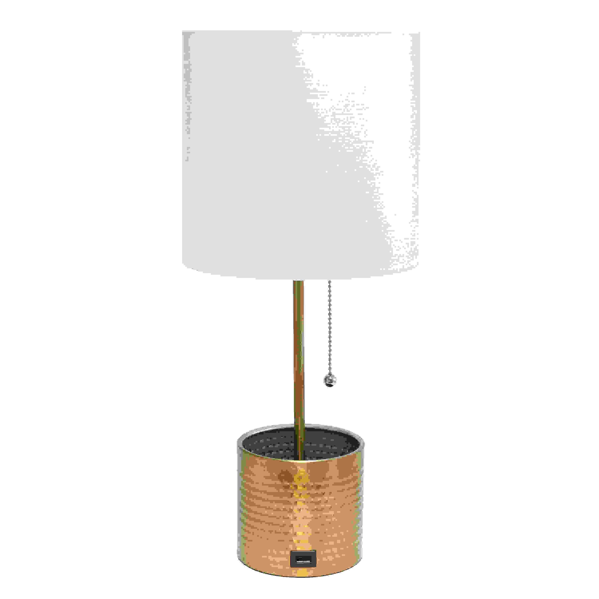  Simple Designs Hammered Metal Organizer Table Lamp with USB charging port and Fabric Shade, Gold