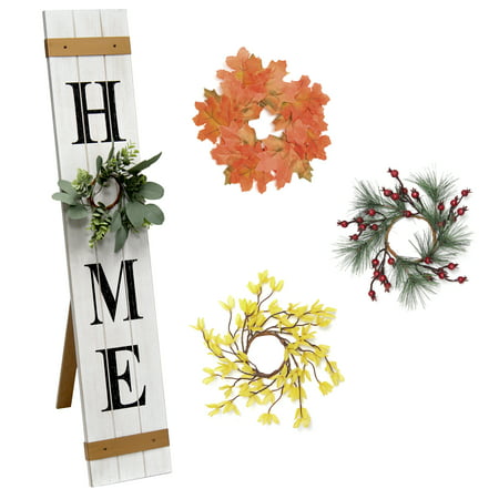 Elegant Designs Seasonal Wooden "Home" Porch Sign with 4 Interchangeable Floral Wreaths, White Wash